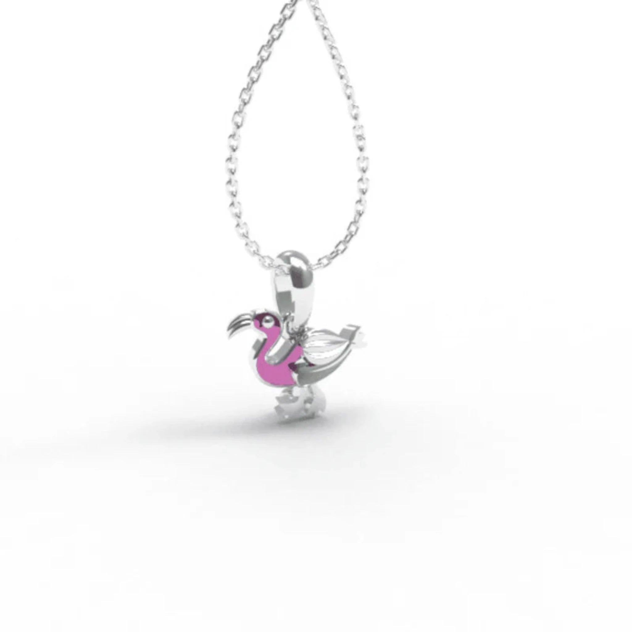 Petite Pink & Green Enamel Silver White Gold Tiny Flamingo Pendant for Kids