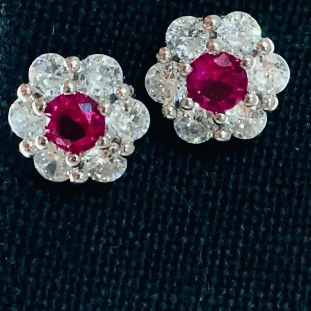 925 sterling Silver Diamond With Burgundy Stones Earrings - Auory