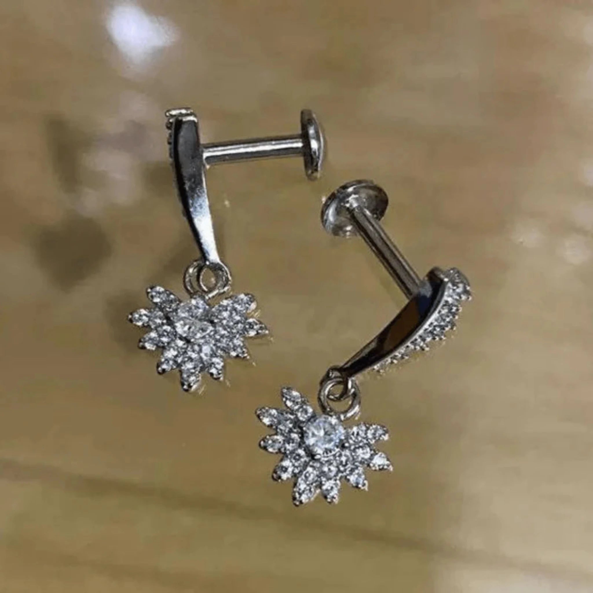 Silver Petite Side Blocks Starburst Flower Drop White Gold Earring For Woman