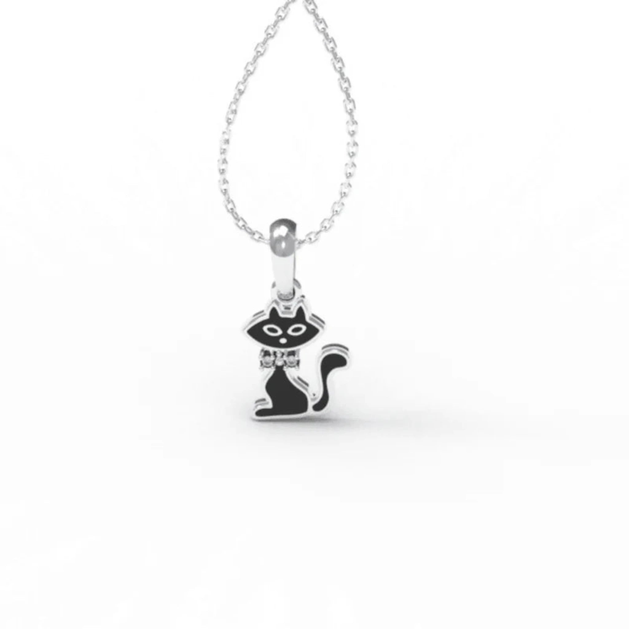 Black Enamel Accents Silver White Gold Shiny Kitty Pendant For Kids