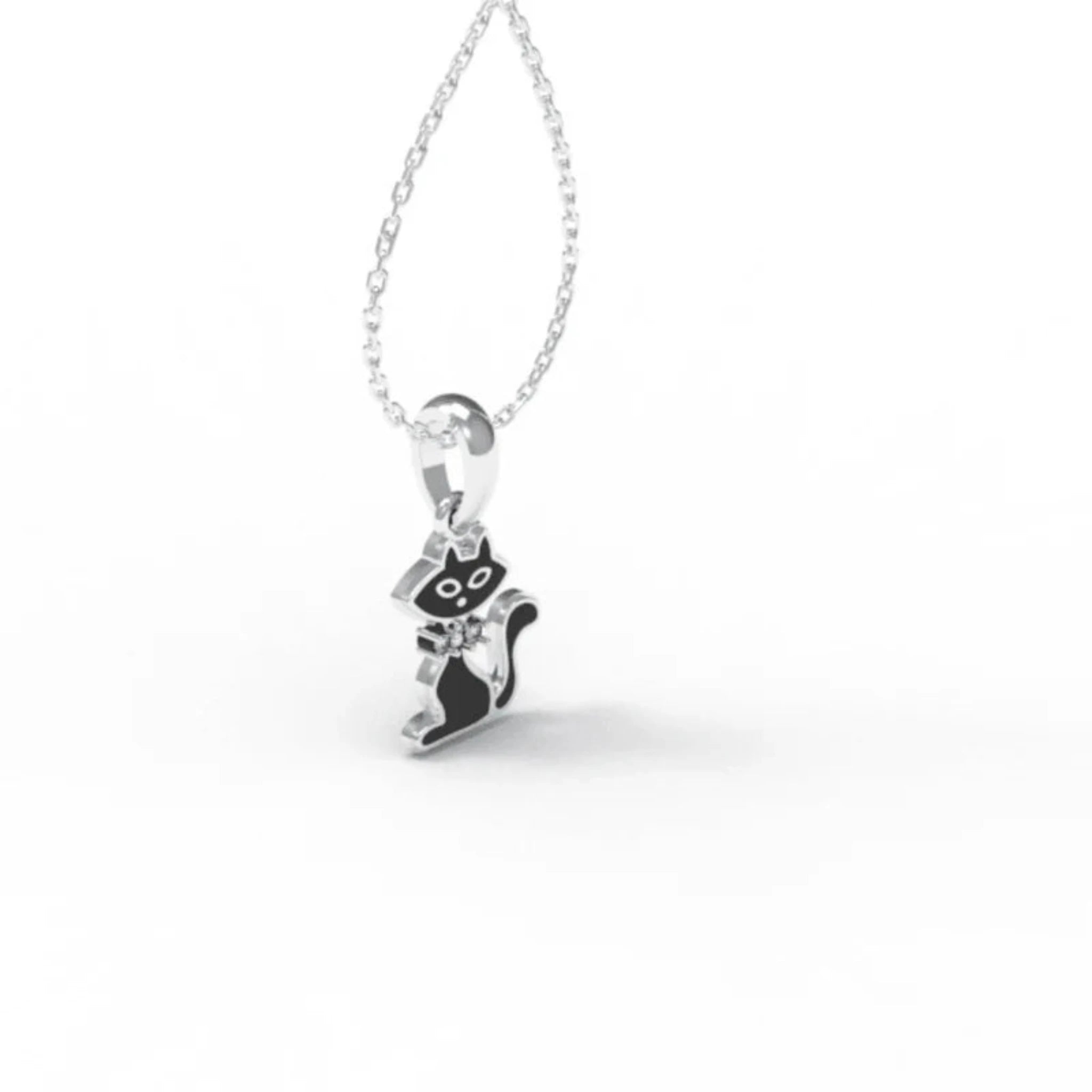 Black Enamel Accents Silver White Gold Shiny Kitty Pendant For Kids