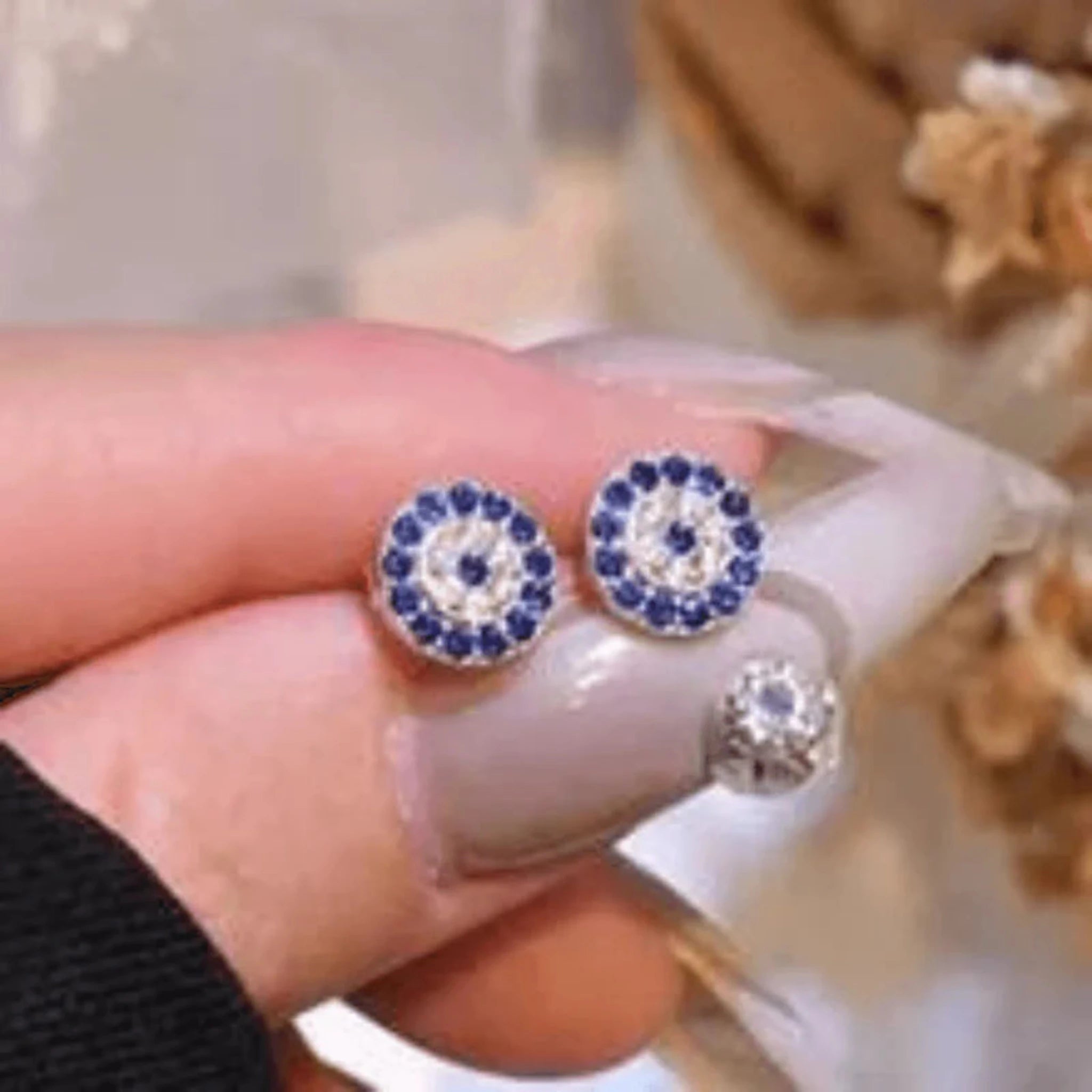 Silver Circular Blue Clear Round Petite Pave Evil Eye White Gold Earring For Woman