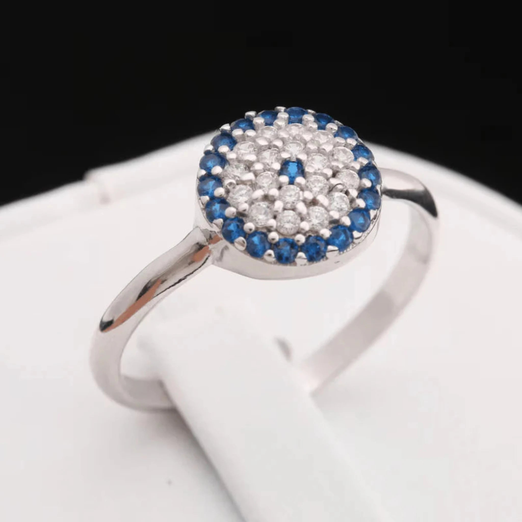 Silver Blue Sapphire Accent Adjustable Evil Eye Micro Pave Circular White Gold Ring For Woman