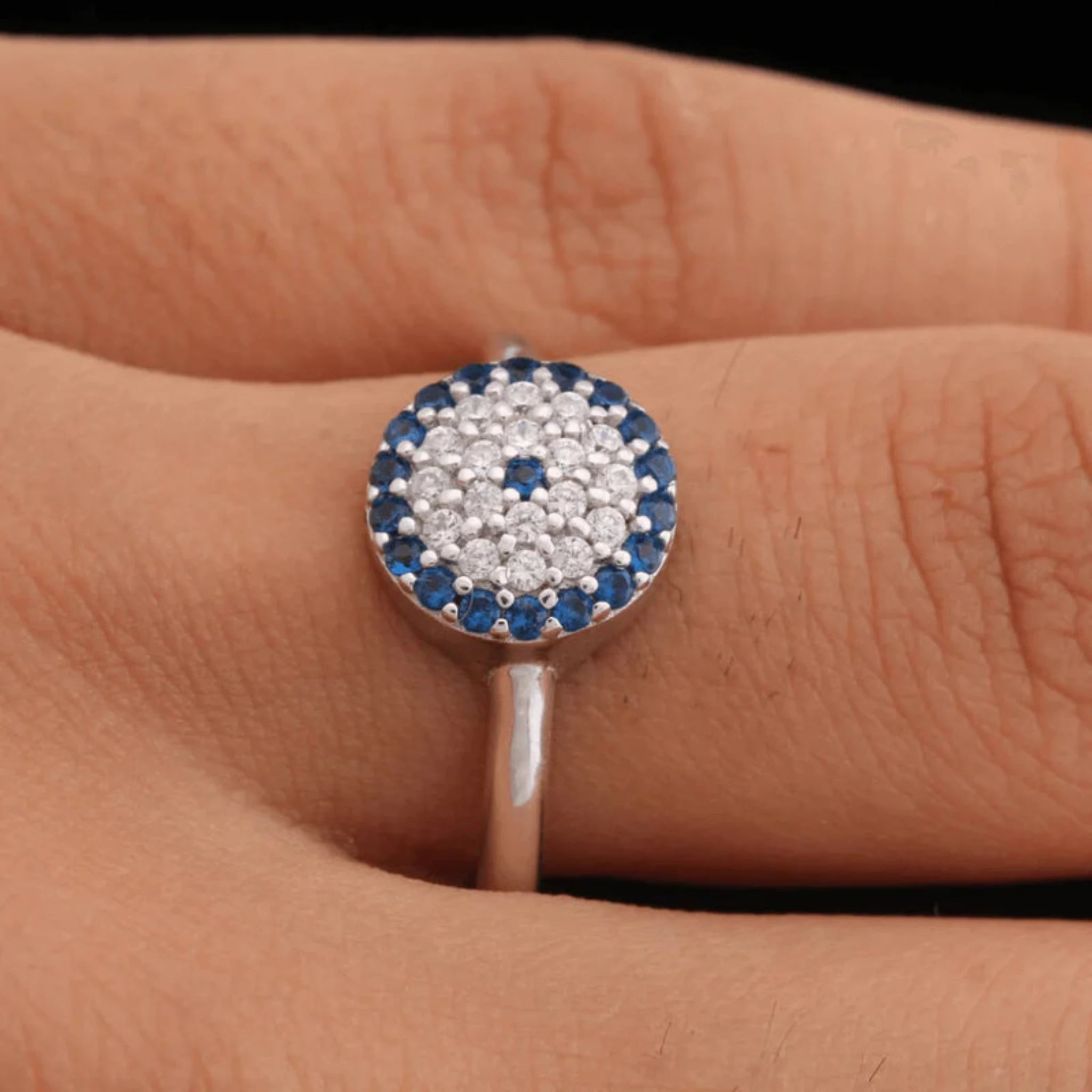 Silver Blue Sapphire Accent Adjustable Evil Eye Micro Pave Circular White Gold Ring For Woman