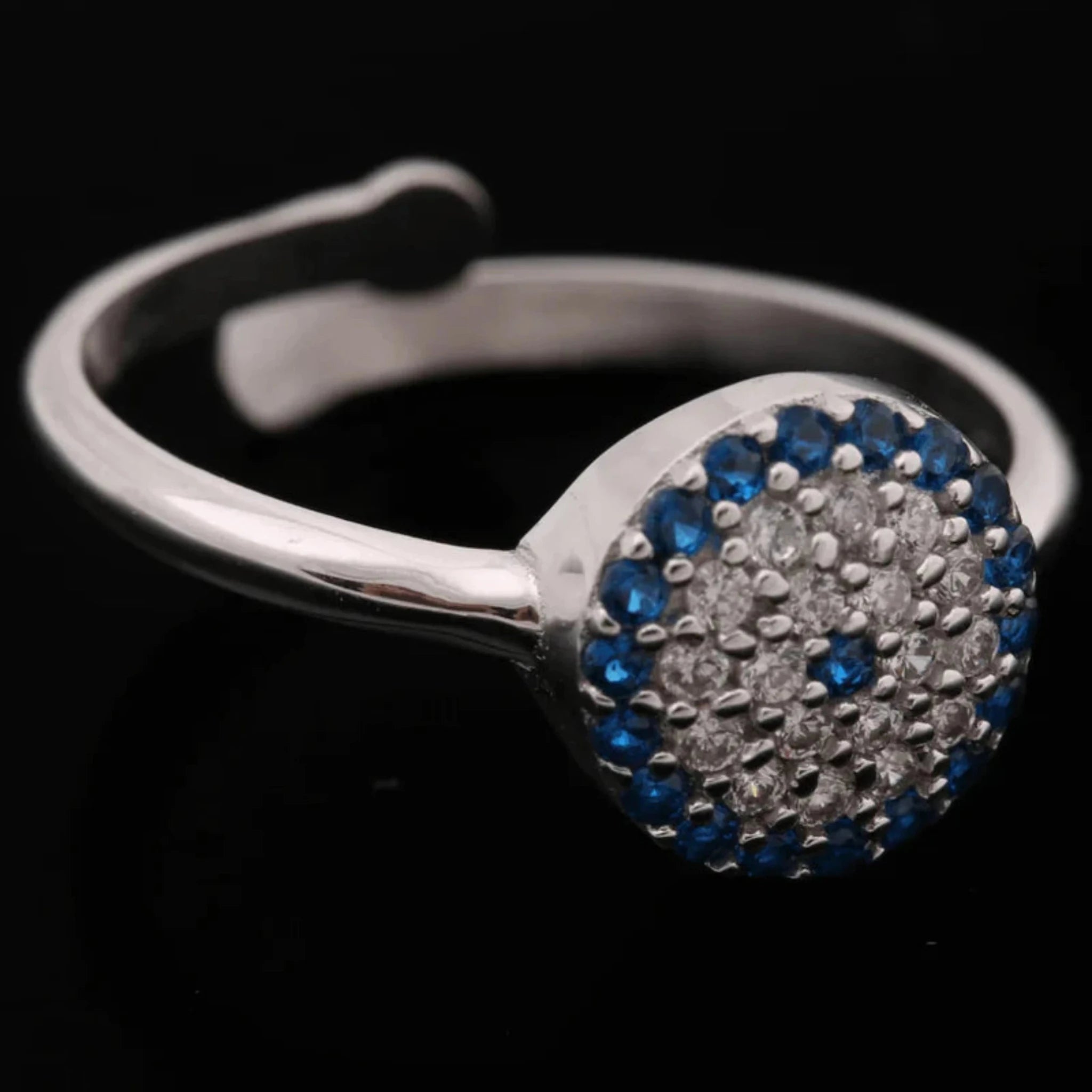 Silver Blue Sapphire Accent Adjustable Evil Eye Micro Pave Circular White Gold Ring For Woman