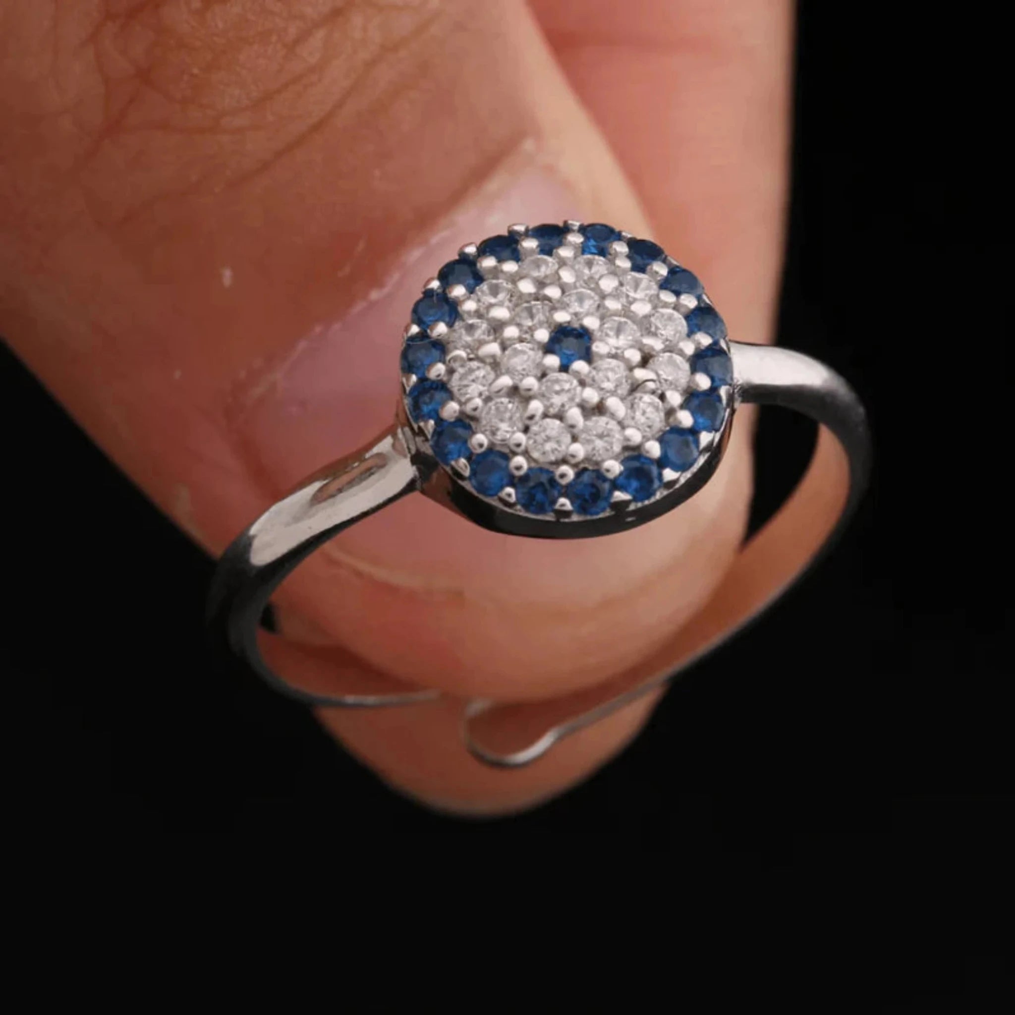 Silver Blue Sapphire Accent Adjustable Evil Eye Micro Pave Circular White Gold Ring For Woman