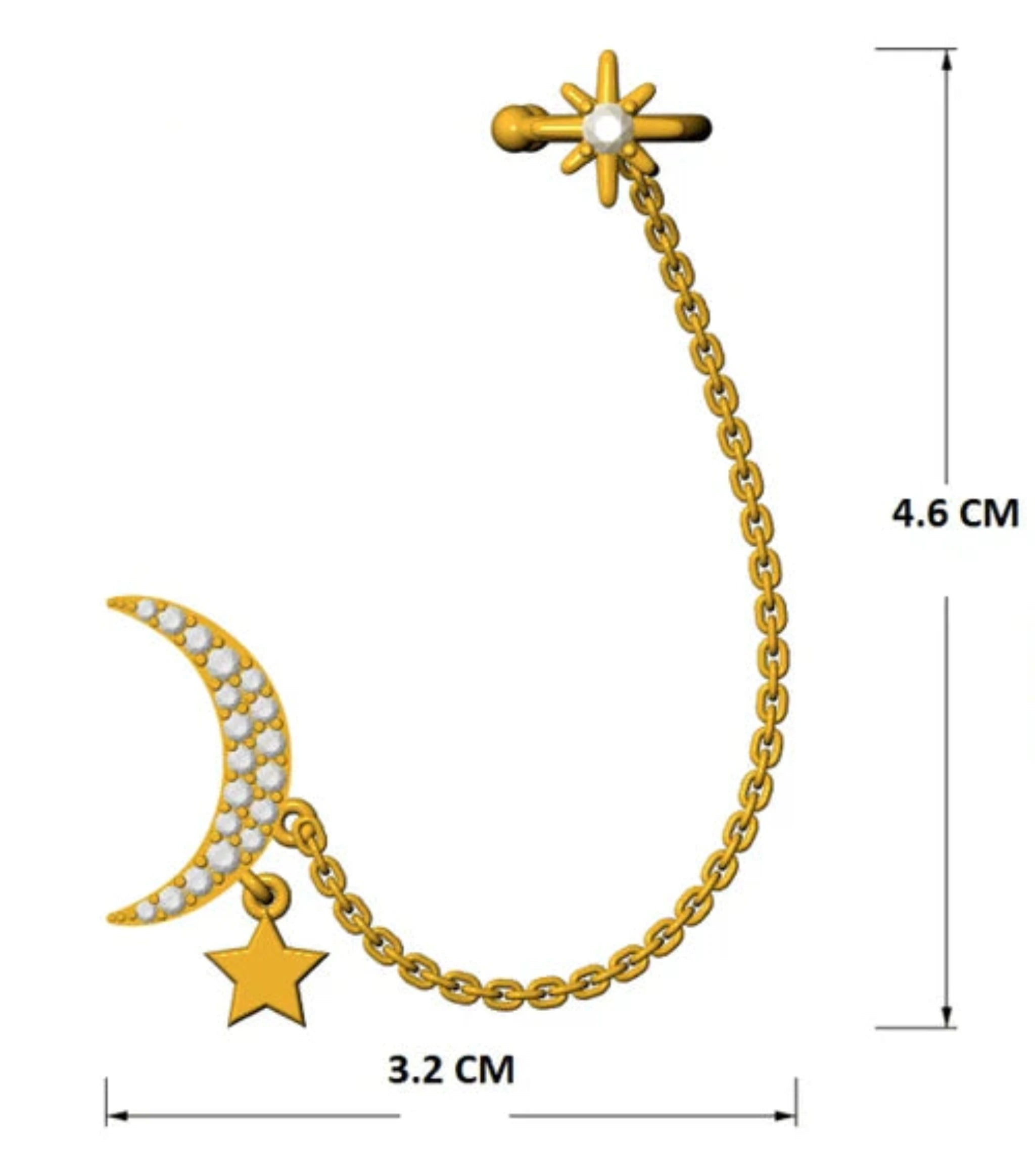 Silver Pave Crystal Celestial Crescent Moon Chain Yellow Gold Cuff Earring For Woman