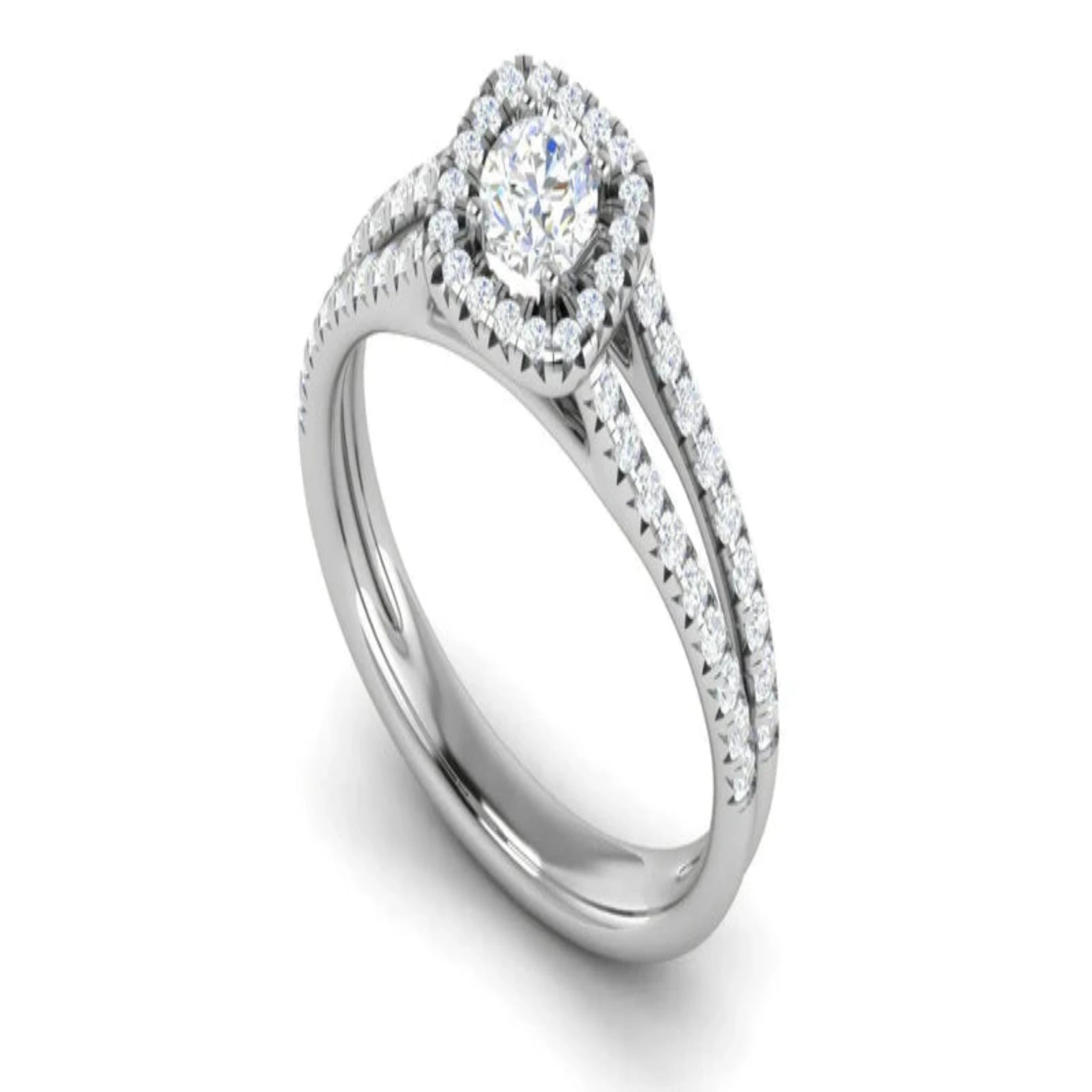 White Gold Adjustable Silver Split-Shank Cushion Halo Pave Bridal Ring For Woman