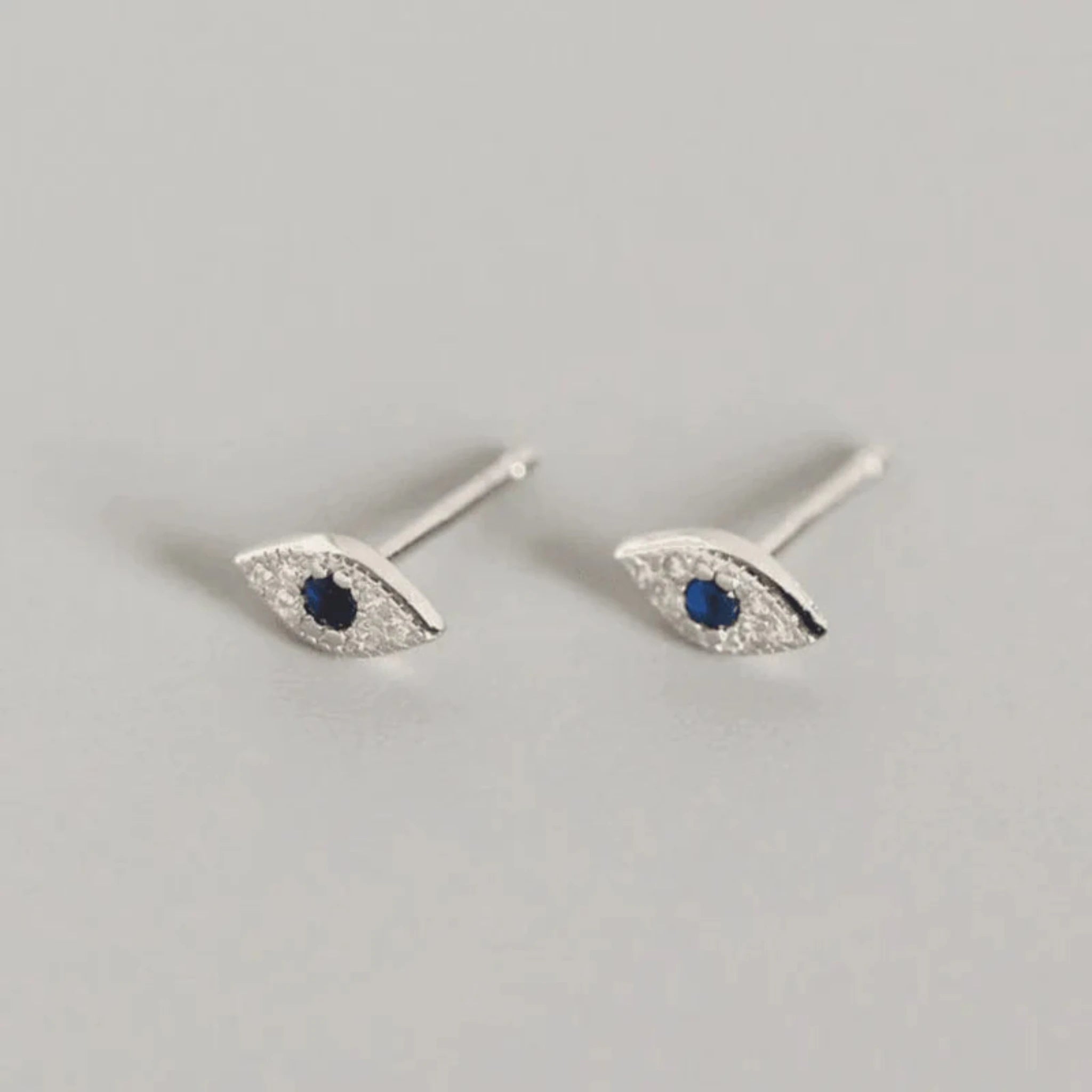 Silver Blue Accent Stone Symbolic Evil Eye Stud White Gold Earring For Woman