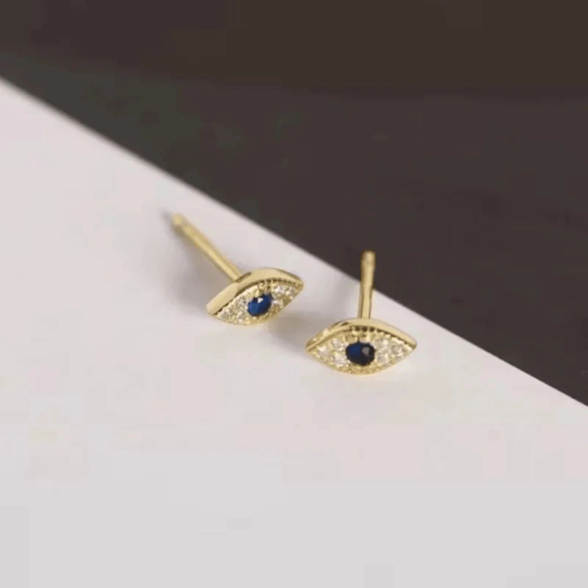 Silver Bezel-Set Blue Stone Evil Eye Stud Minimal Yellow Gold Earring For Woman