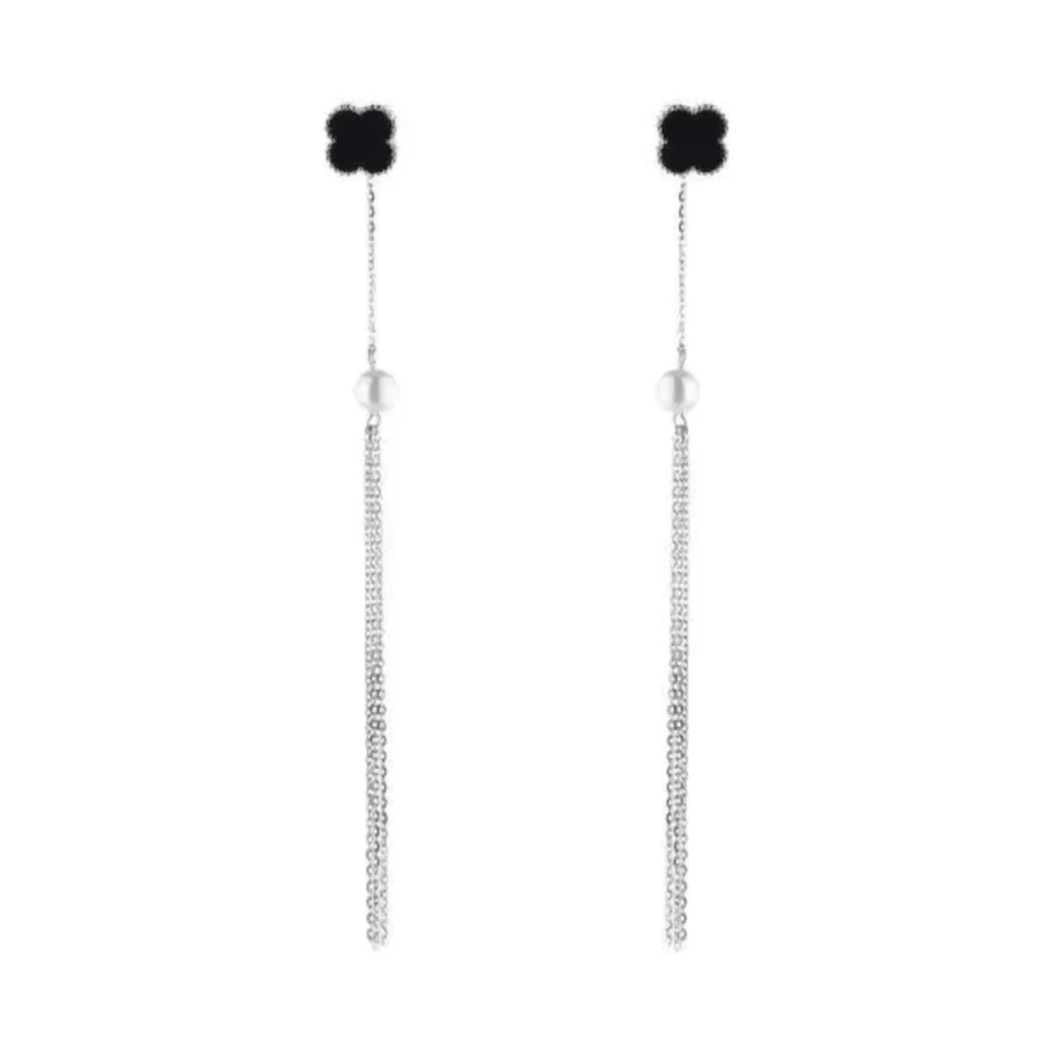 Silver Pearl Chain Dangle Black Flower White Gold Earring For Woman