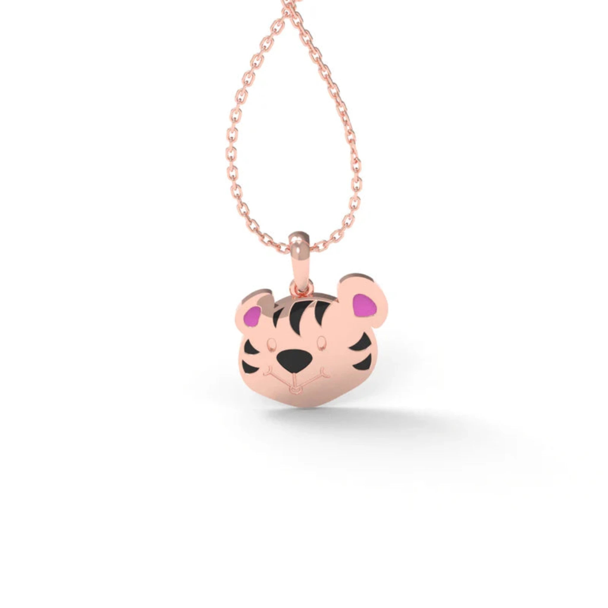 Miniature Pink Accent Silver Rose Gold Tiger Head Pendant for Kids