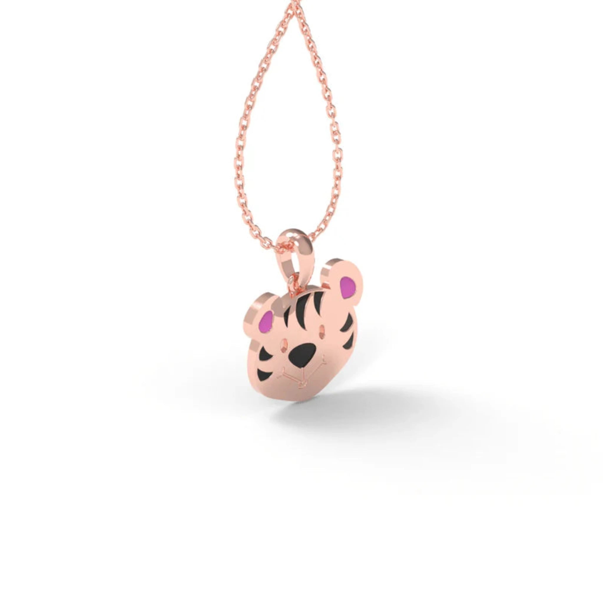 Miniature Pink Accent Silver Rose Gold Tiger Head Pendant for Kids