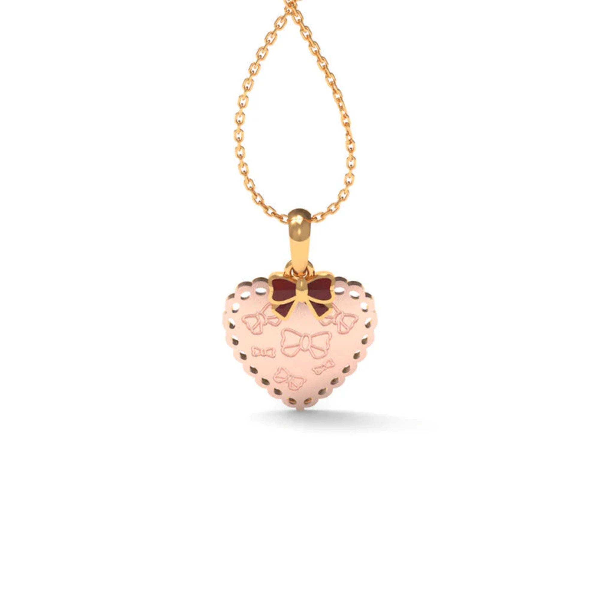 Silver Playful Bows Scalloped Edge Heart-Shaped Yellow Gold Pendant For Kids