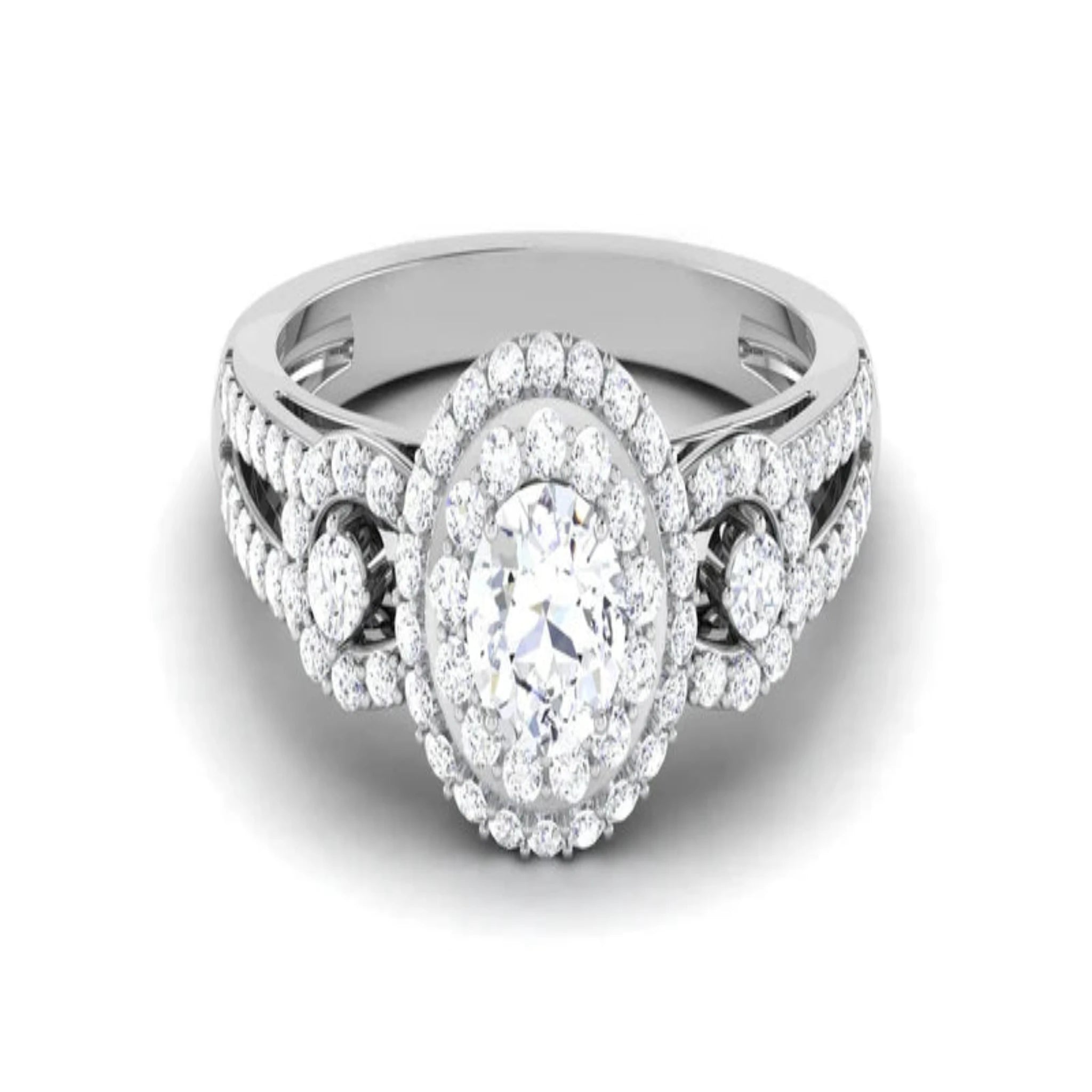 White Gold Adjustable Silver Diamond Double Halo Solitaire Ring For Woman