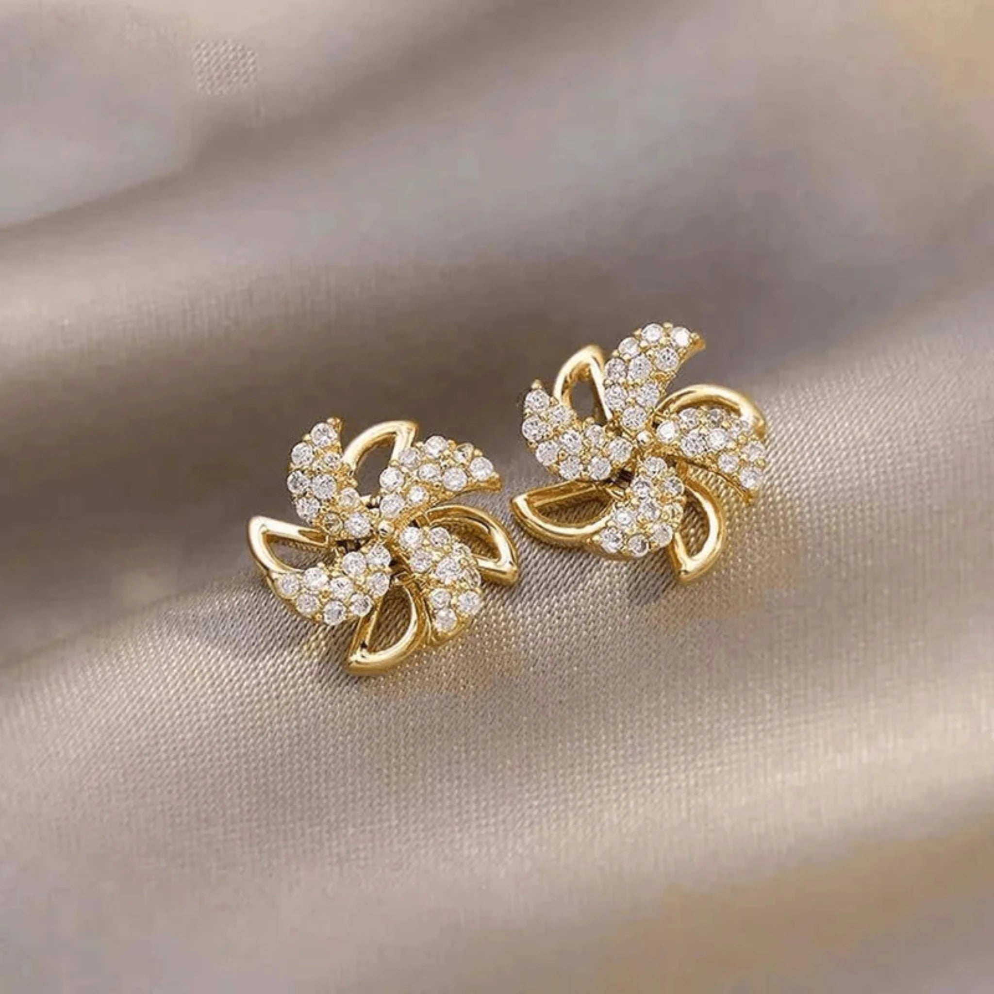 Silver Swirl Studded Pinwheel Floral Petite Stud Yellow Gold Earring For Woman