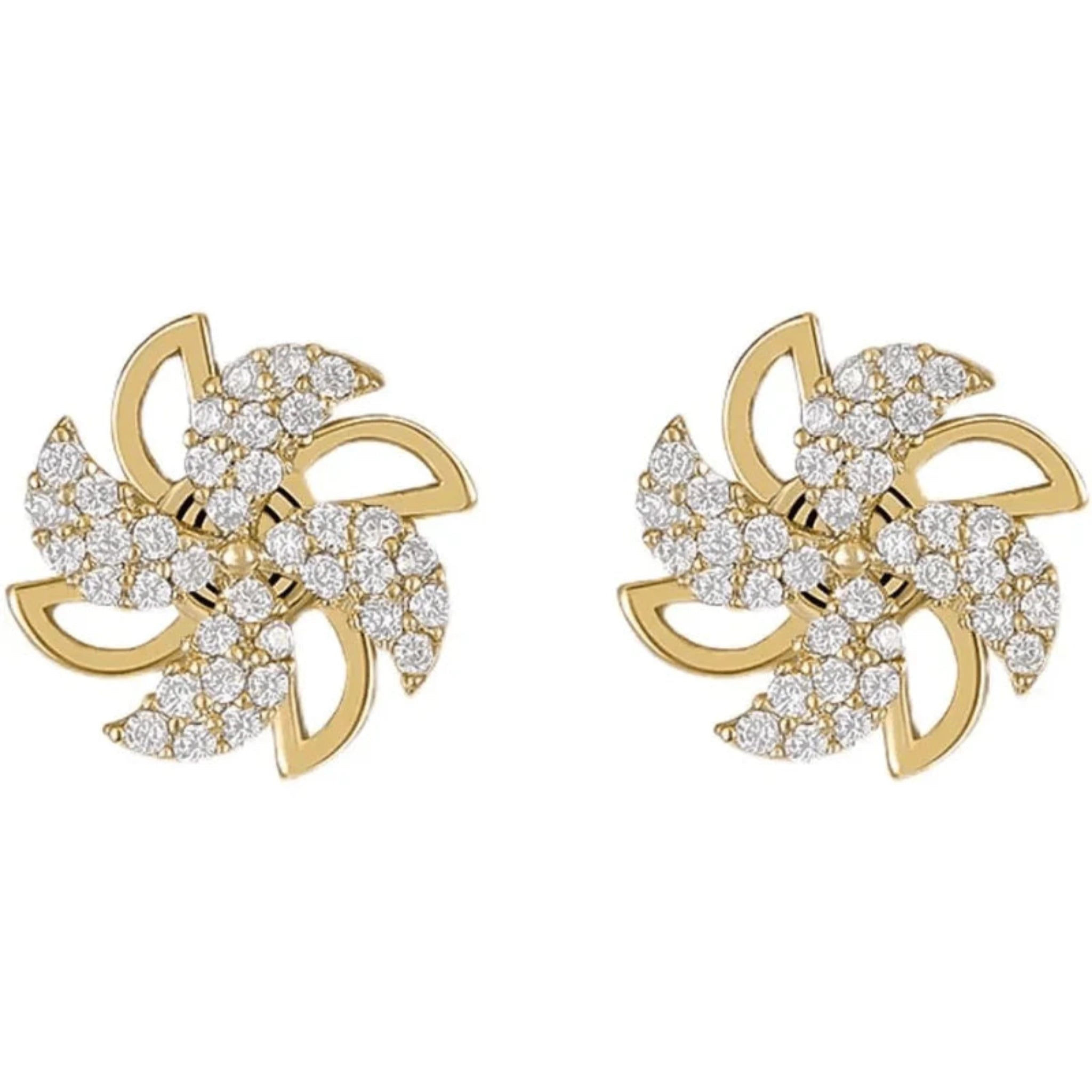 Silver Swirl Studded Pinwheel Floral Petite Stud Yellow Gold Earring For Woman