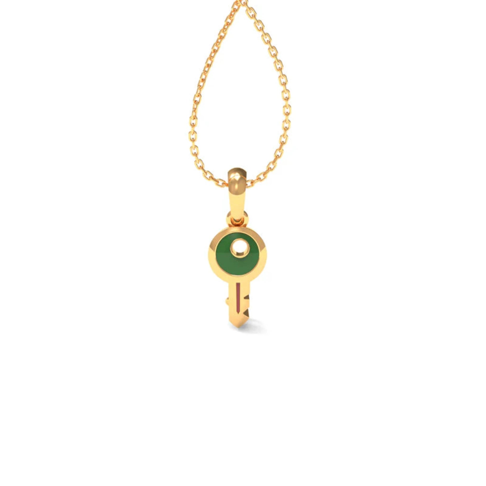 Compact Green Enamel Silver Yellow Gold Key-Shaped Pendant for Kids