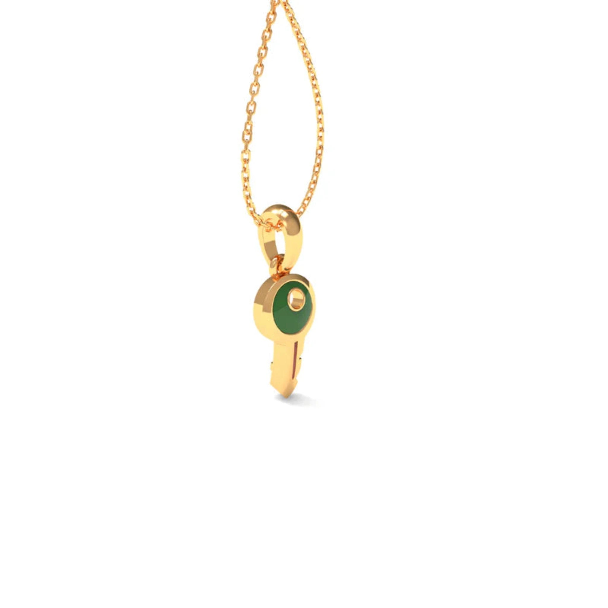 Compact Green Enamel Silver Yellow Gold Key-Shaped Pendant for Kids