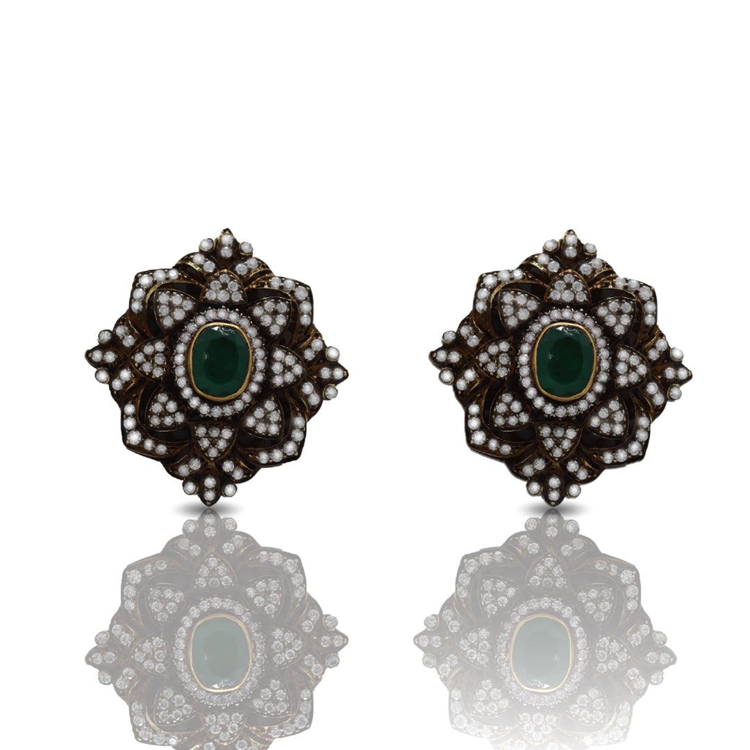 925 Sterling Silver Pentagon Elegance Victorian Emerald Earring - Auory