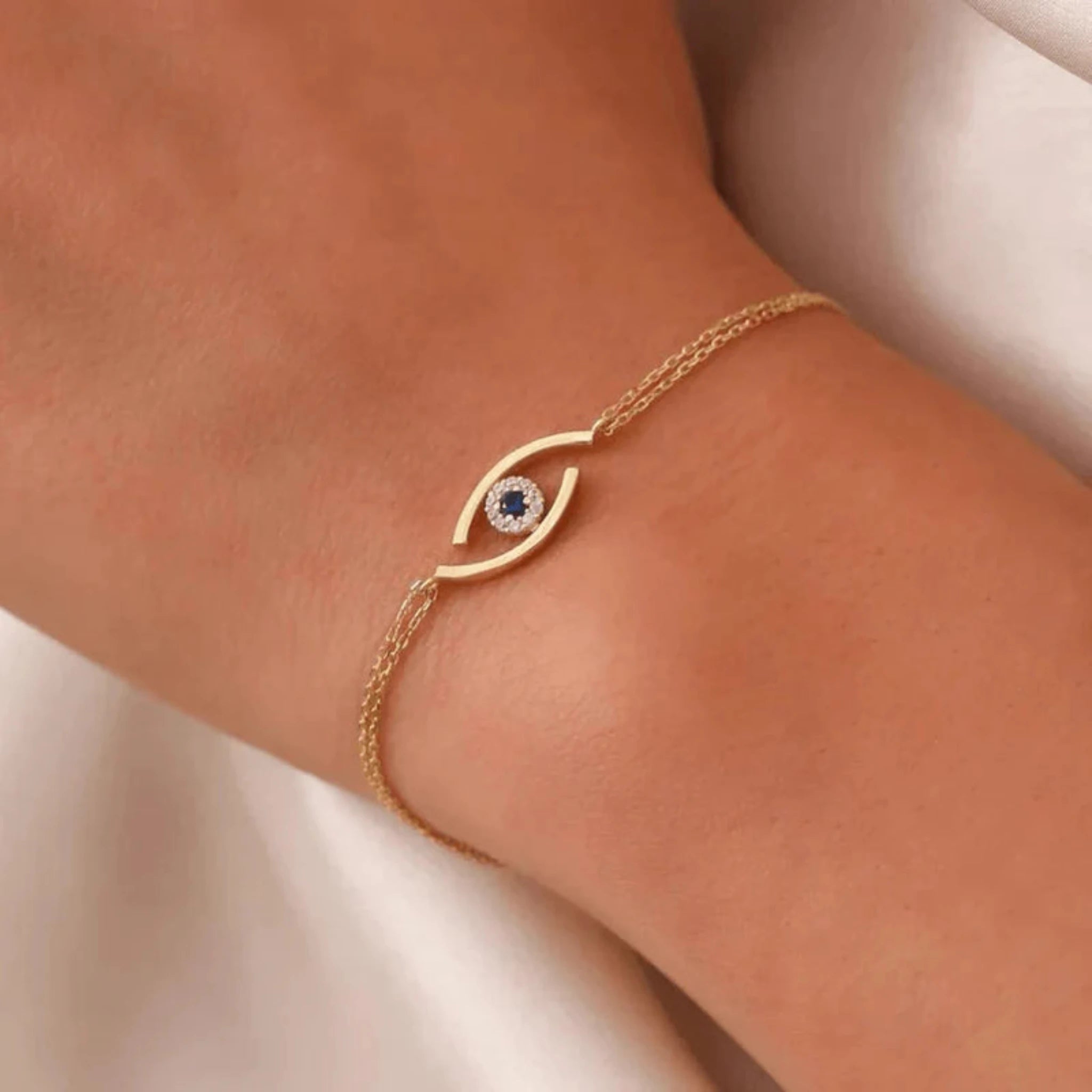 Silver Sapphire Halo Adjustable Elliptical Evil Eye Charm Yellow Gold Bracelet For Woman