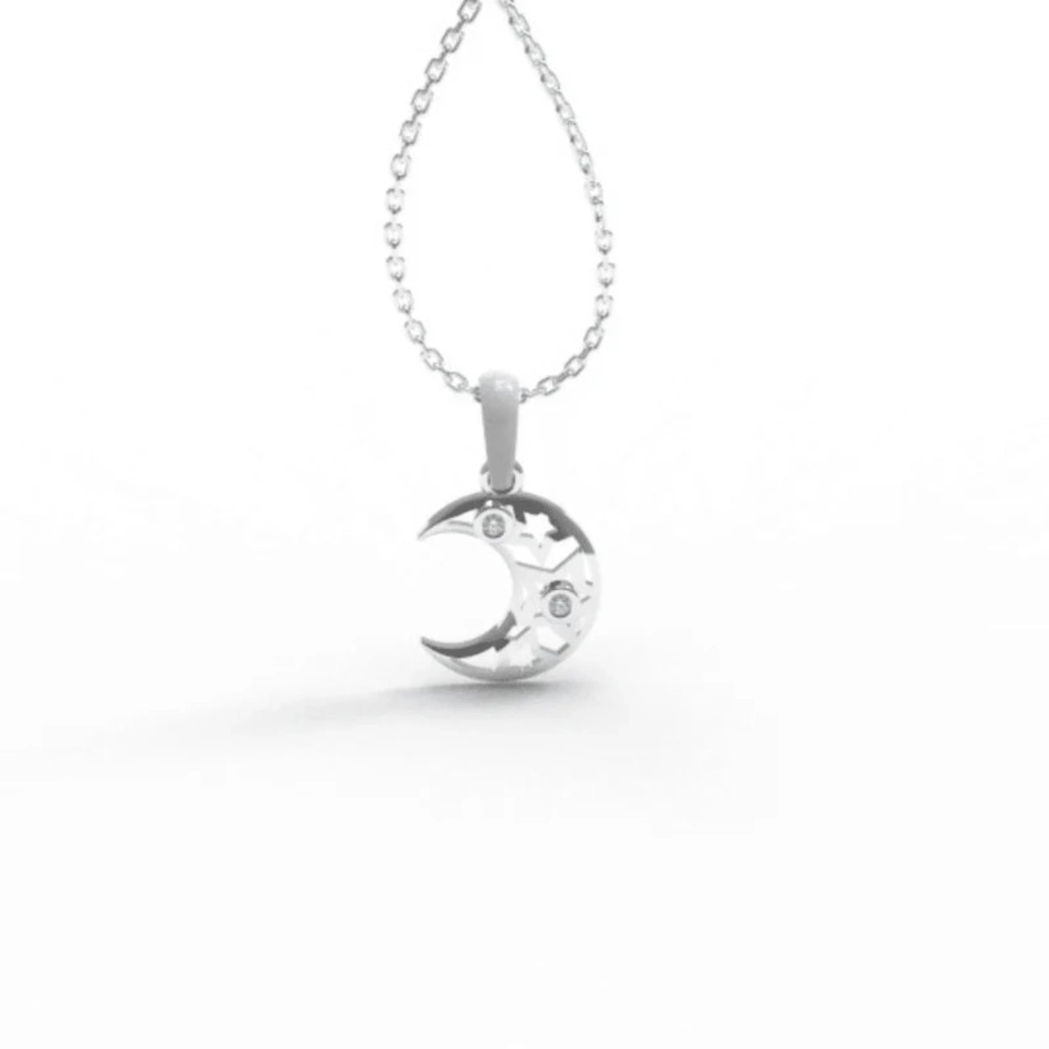 Silver Crescent Cosmic Inspiration Sparkling Moon Stars Necklace Pendant For Kids