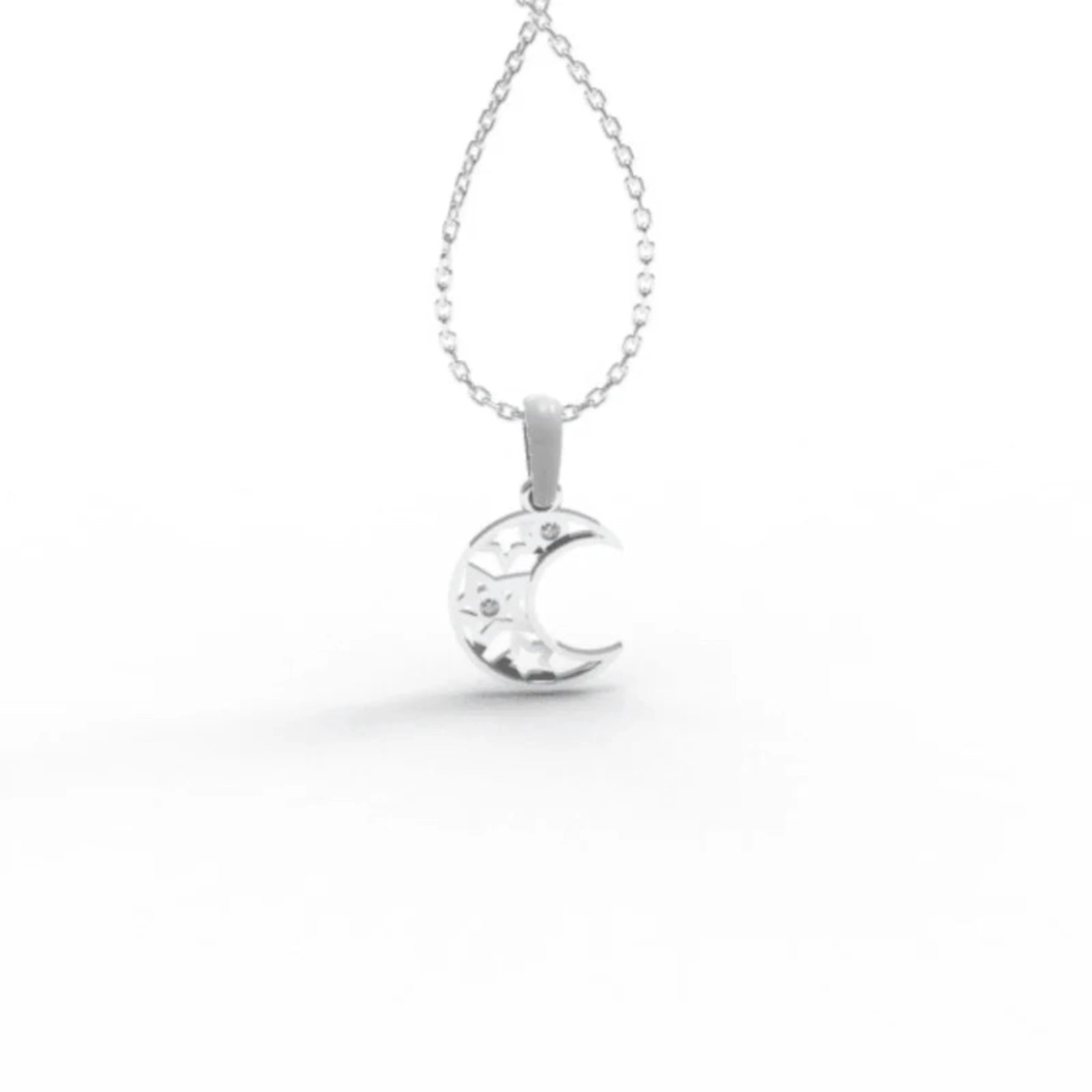 Silver Crescent Cosmic Inspiration Sparkling Moon Stars Necklace Pendant For Kids