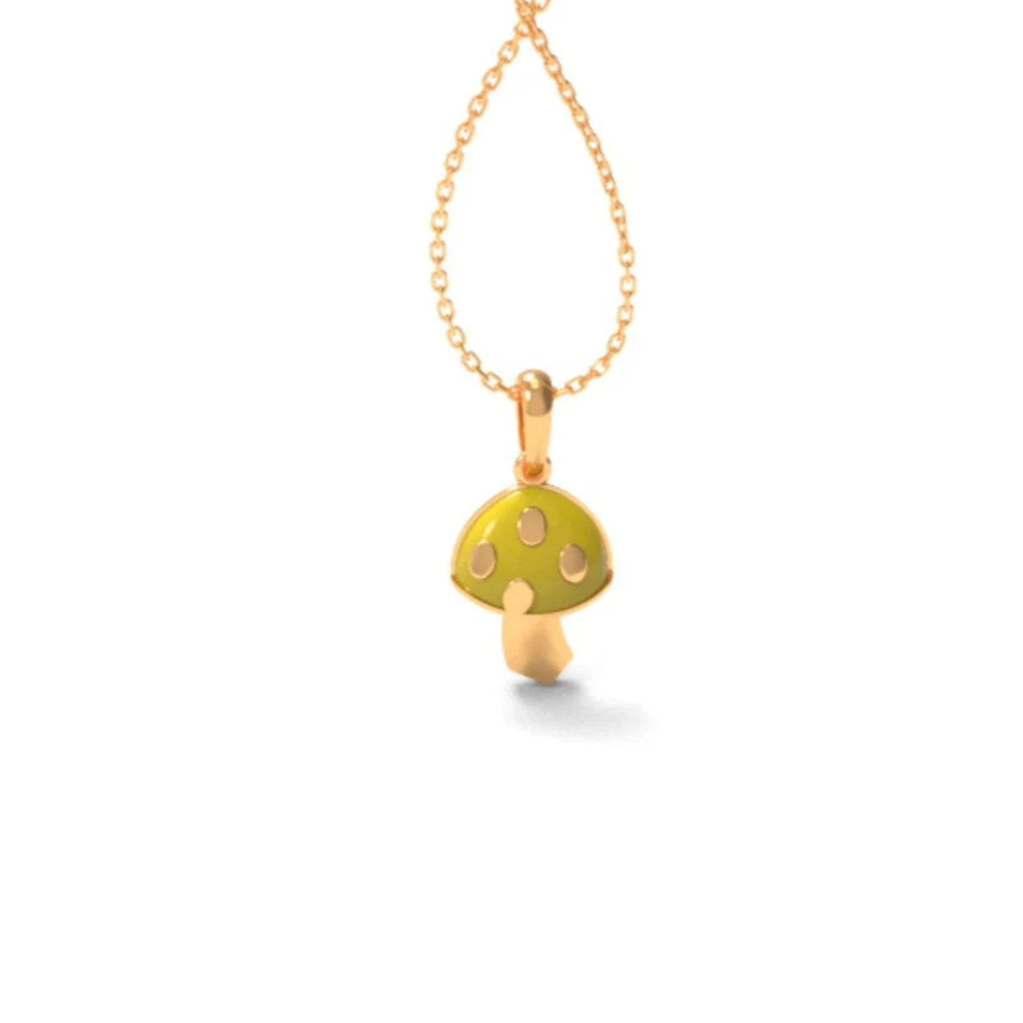 Silver Whimsical Green Enamel Mushroom Charm Yellow Gold Pendant For Kids