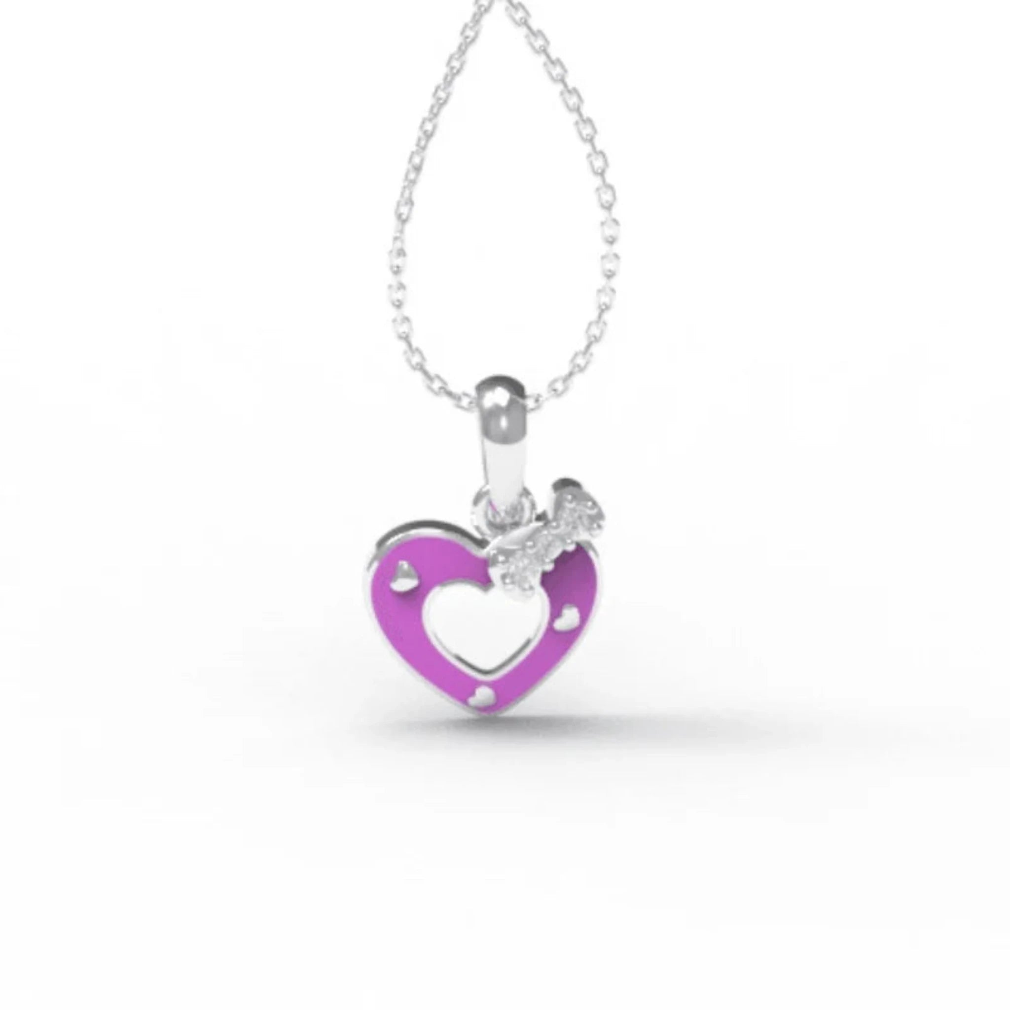 Silver Pink Enamel Accent Mini Playful Cutout Heart White Gold Pendant For Kids