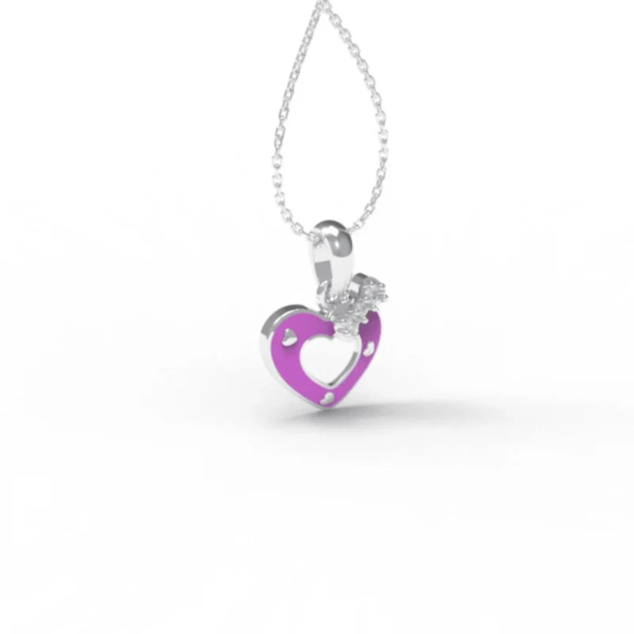 Silver Pink Enamel Accent Mini Playful Cutout Heart White Gold Pendant For Kids