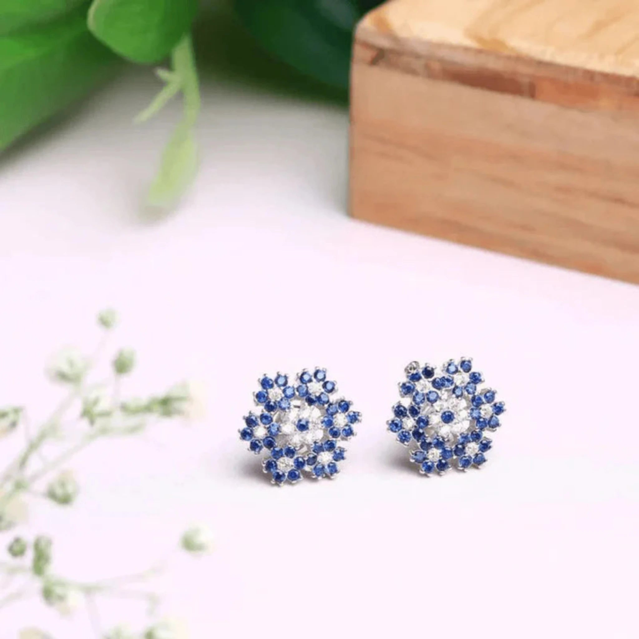 Silver Blue Sapphire-Accented Stud Starry Florette White Gold Earring For Woman