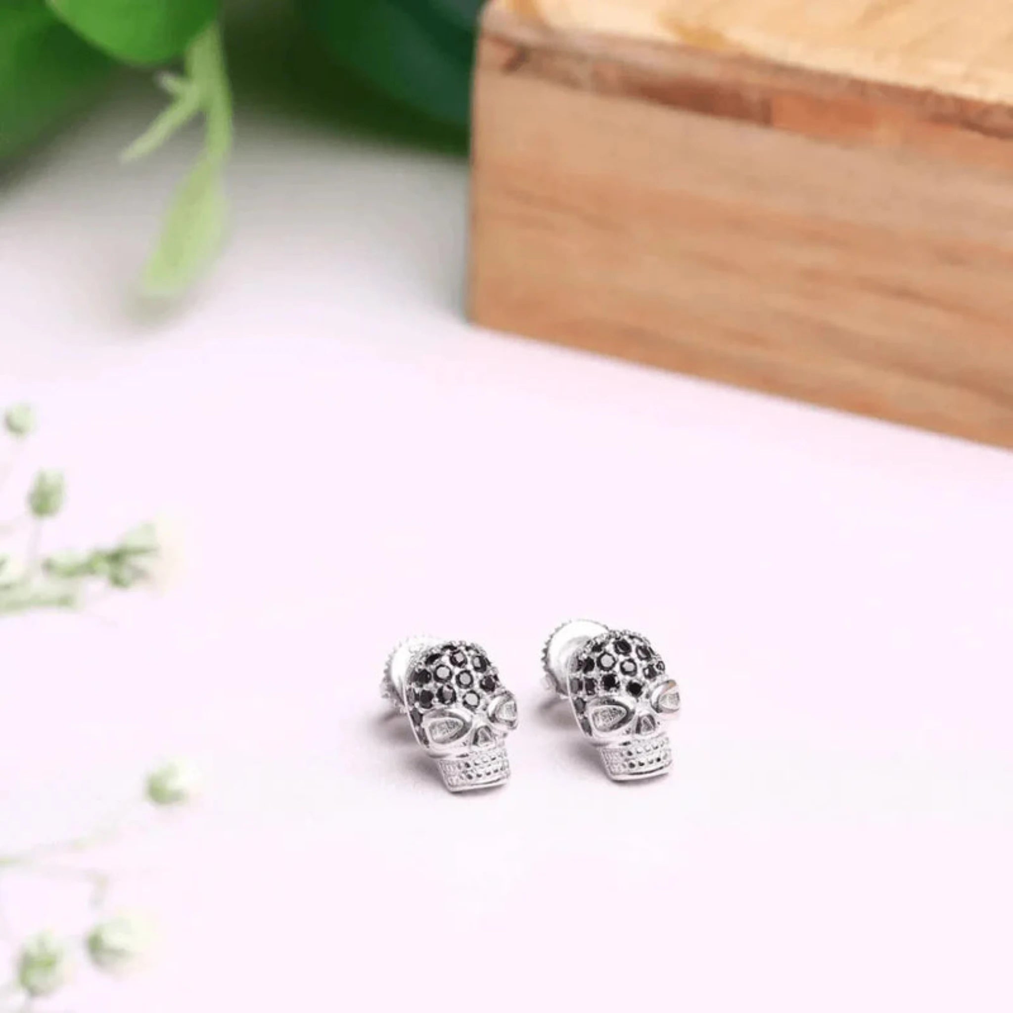 Silver Gothic Black CZ Style Studded Skull Small White Gold Earrings For Woman