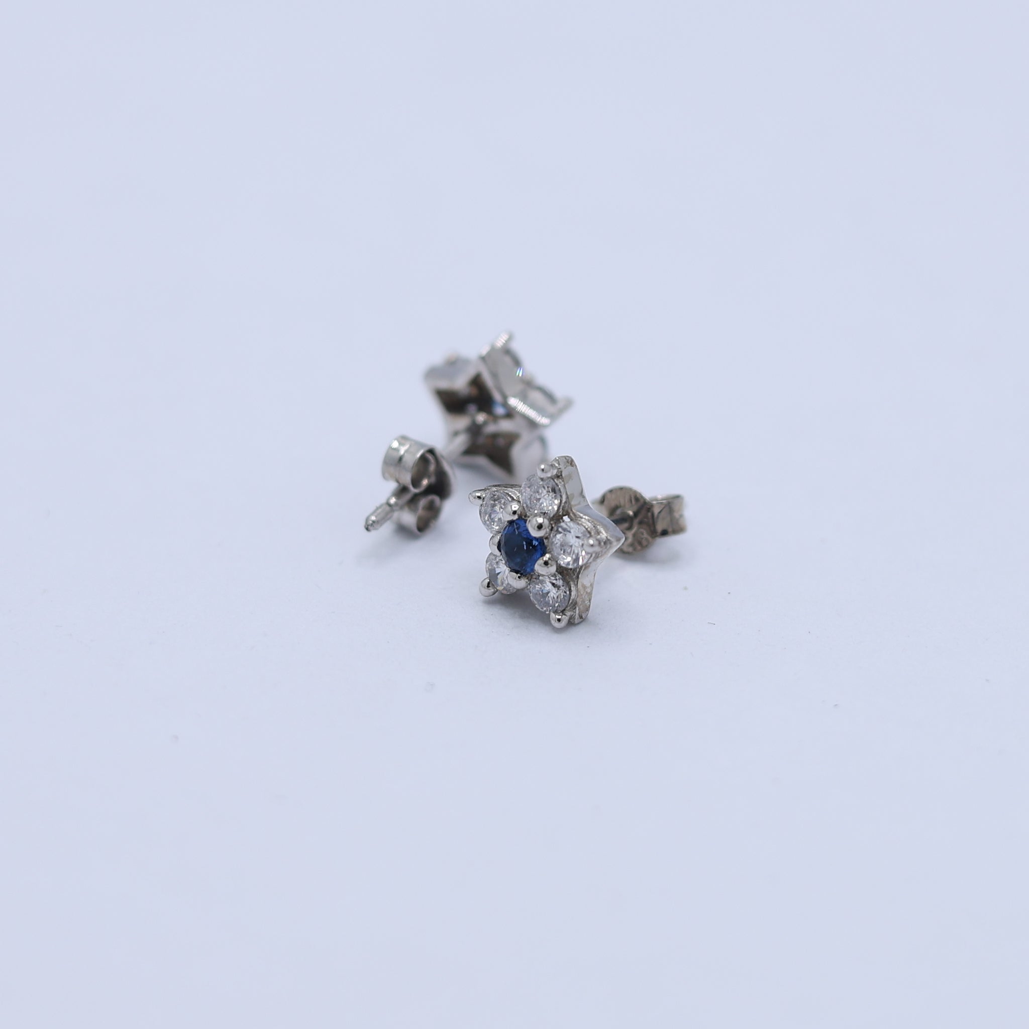 Silver Petite Star Blue Sapphire Stud White Gold Earring For Woman