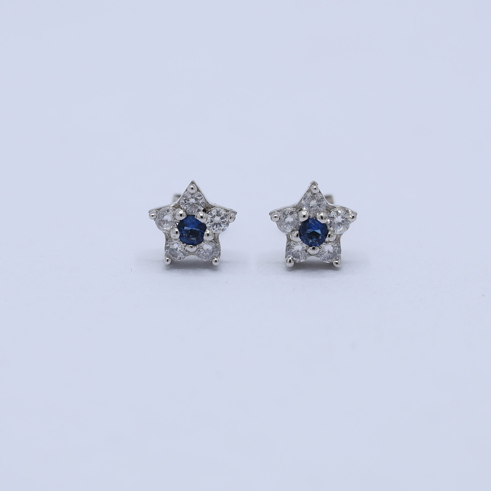 Silver Petite Star Blue Sapphire Stud White Gold Earring For Woman