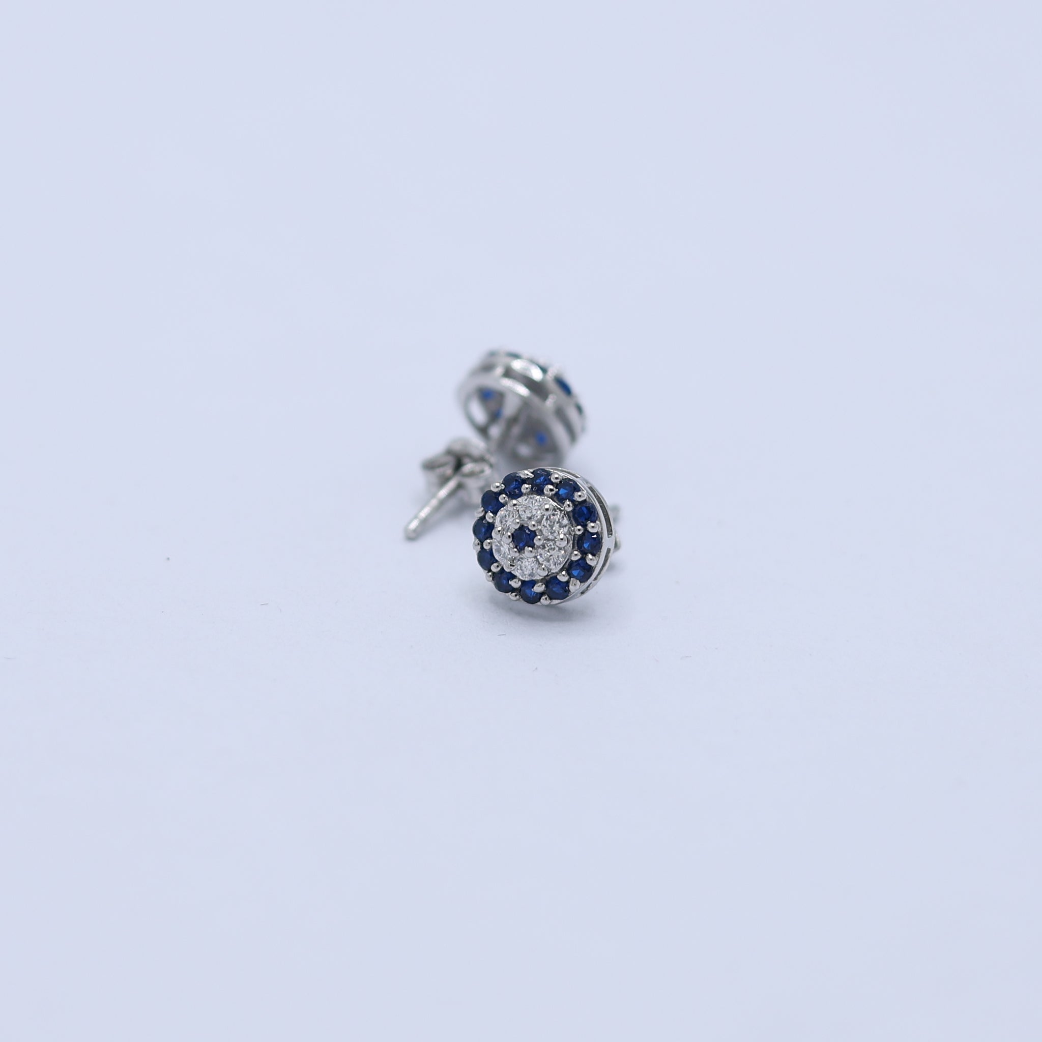 Silver Circular Blue Clear Round Petite Pave Evil Eye White Gold Earring For Woman