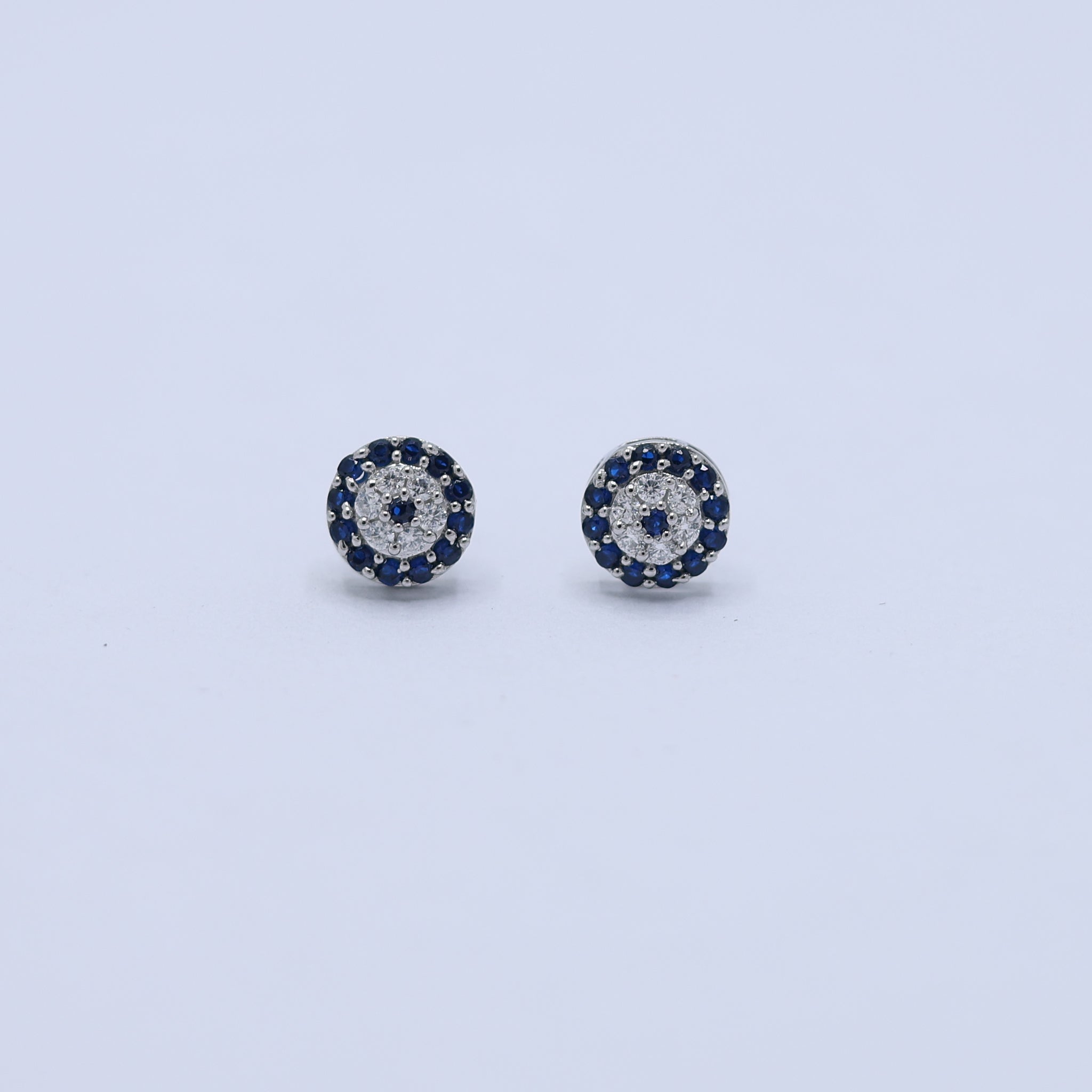 Silver Circular Blue Clear Round Petite Pave Evil Eye White Gold Earring For Woman