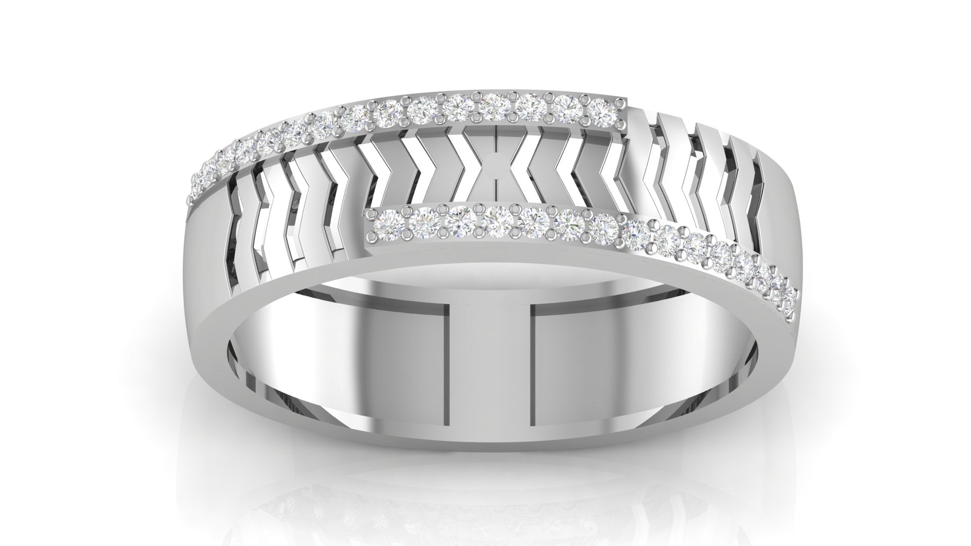 Chevron Cut White Gold Adjustable Silver Diamond Edge Band For Couple