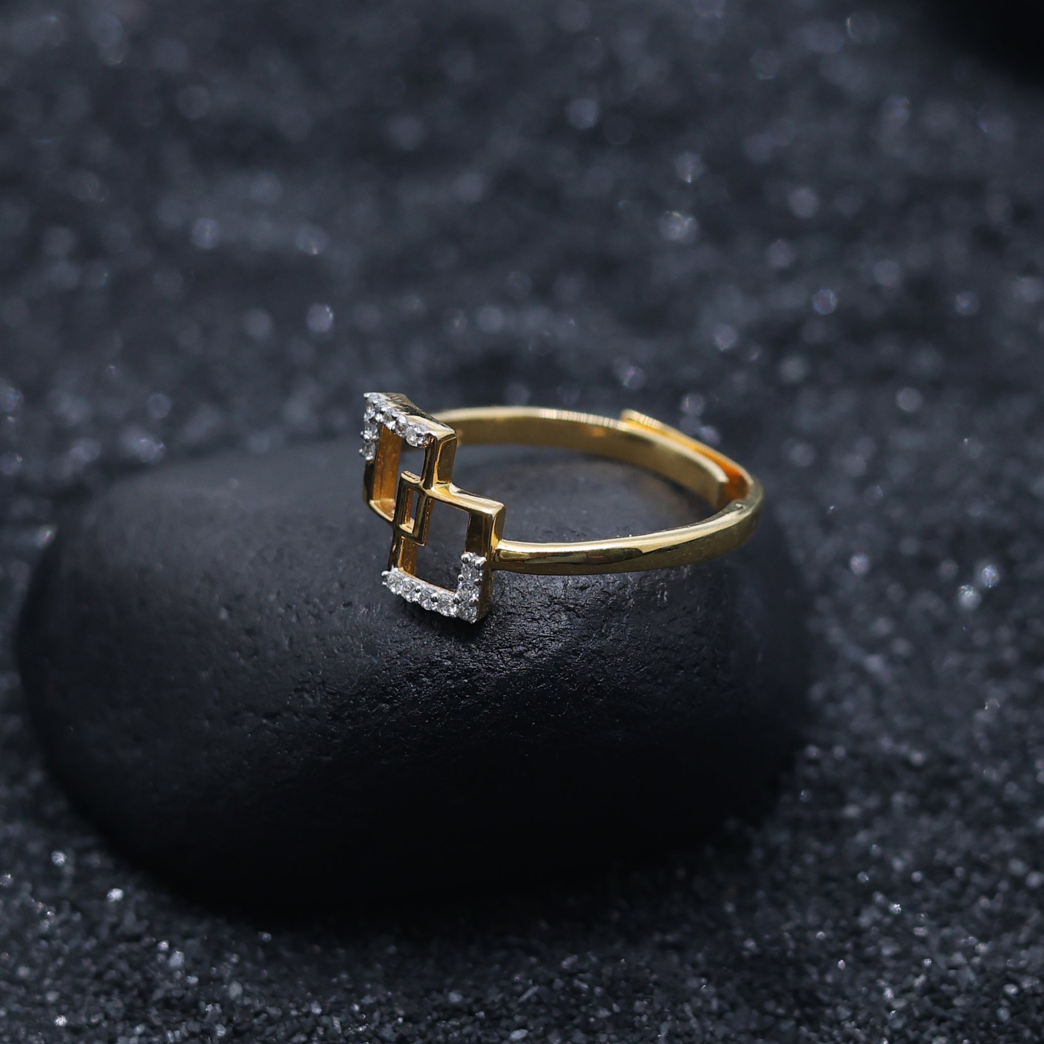 Yellow Gold Adjustable Silver Interlocking Square Motifs Accent Diamond Ring For Woman