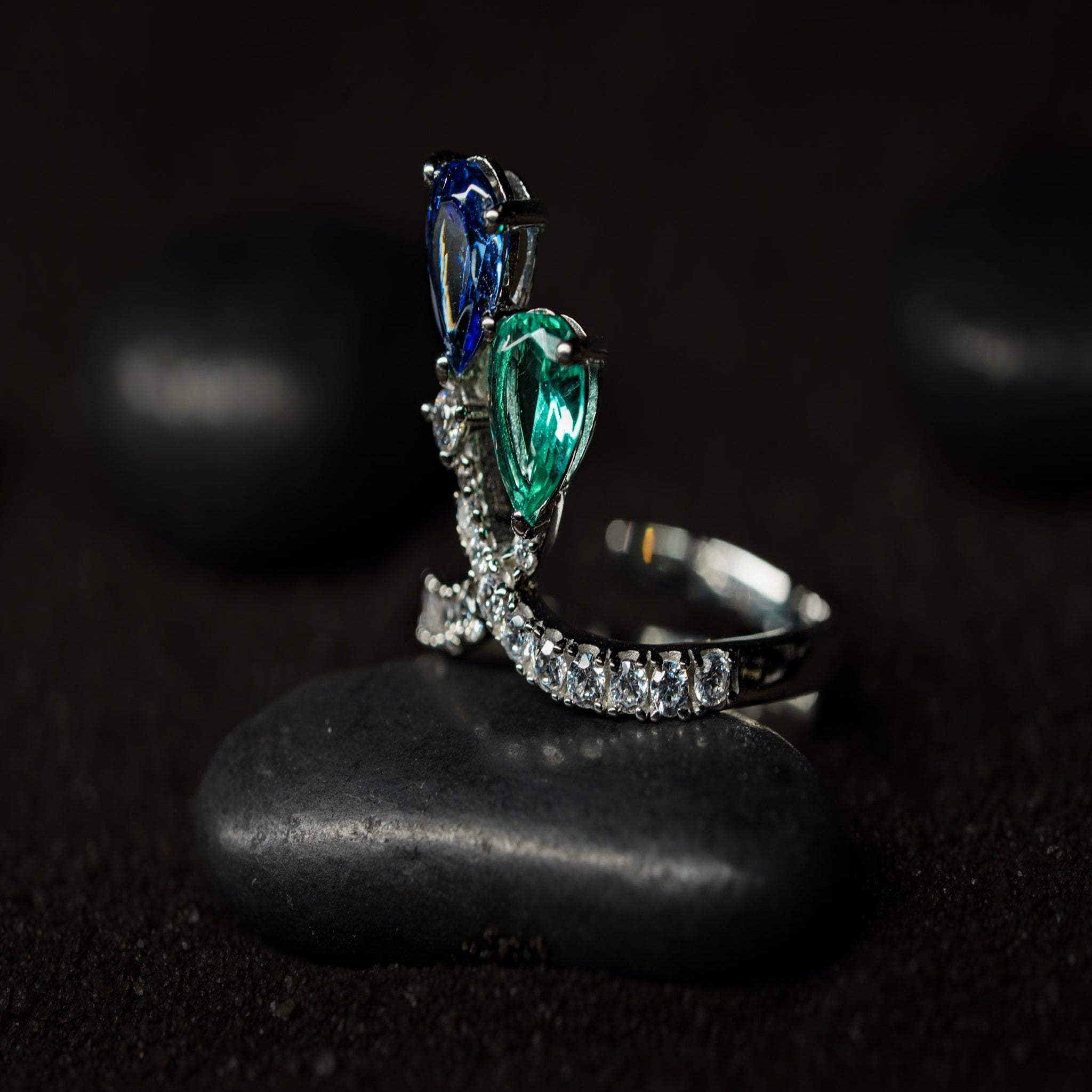 Pear cut blue green stone ring