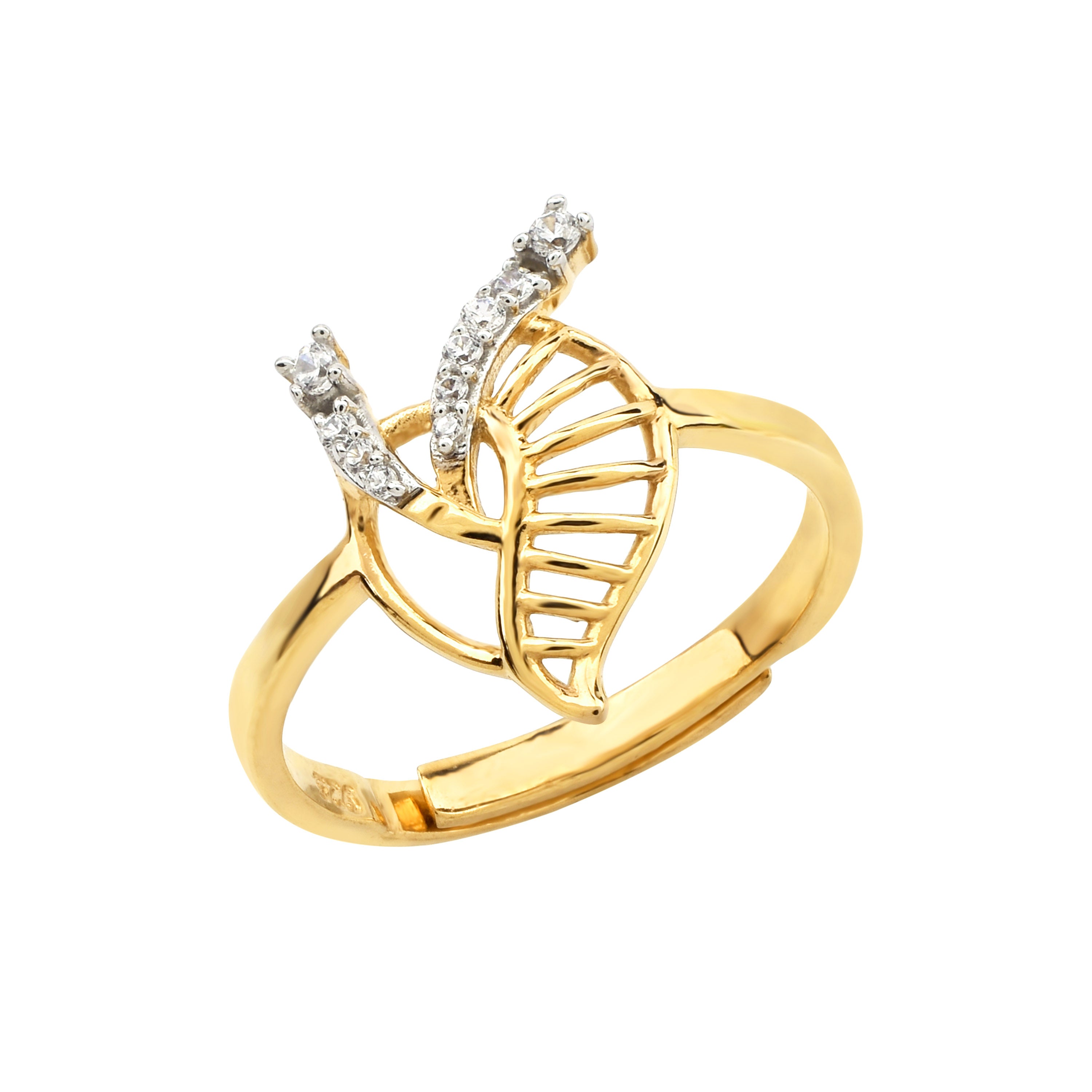 Yellow Gold Adjustable Silver Intricate Leaf Pattern Ring For Woman