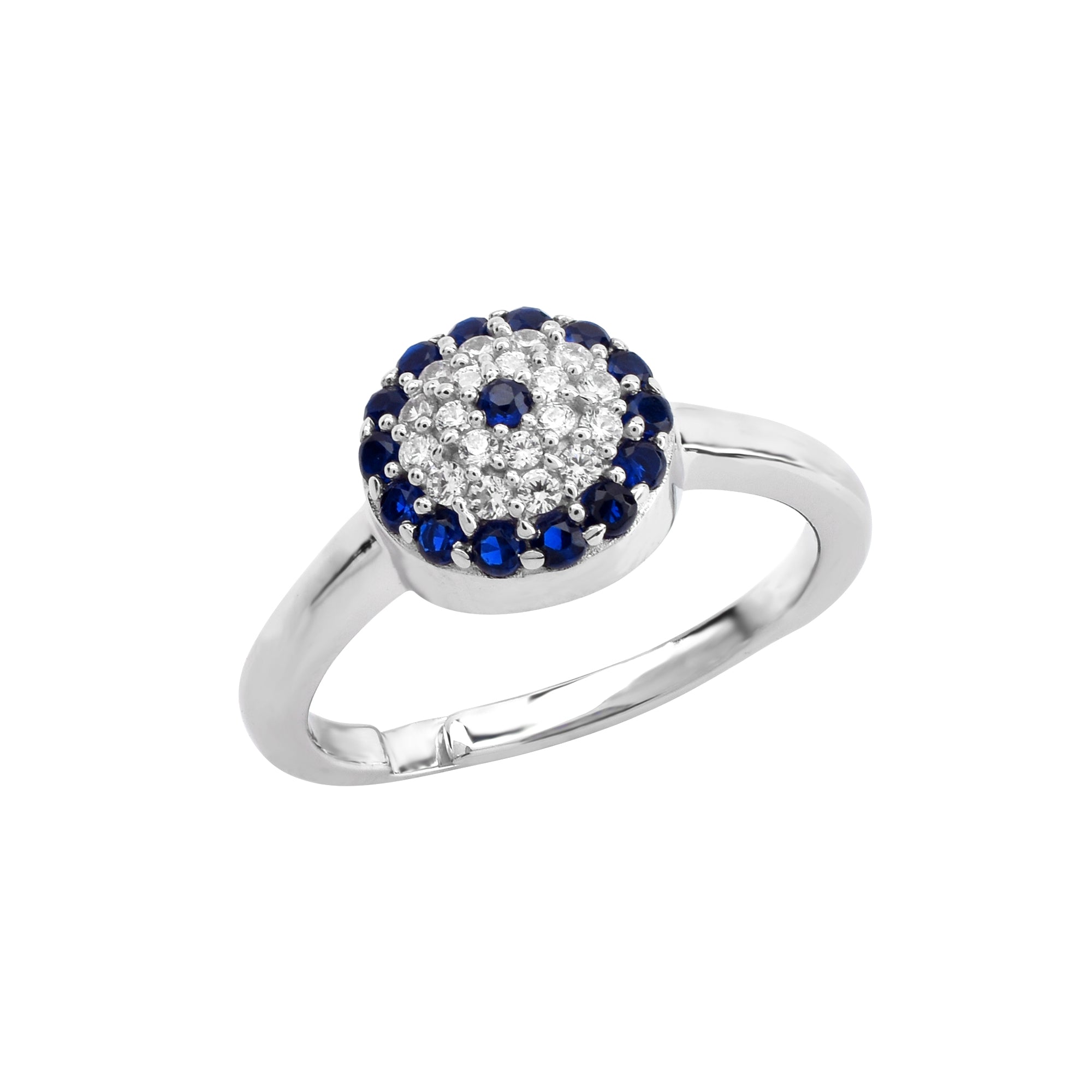 Silver Blue Sapphire Accent Adjustable Evil Eye Micro Pave Circular White Gold Ring For Woman