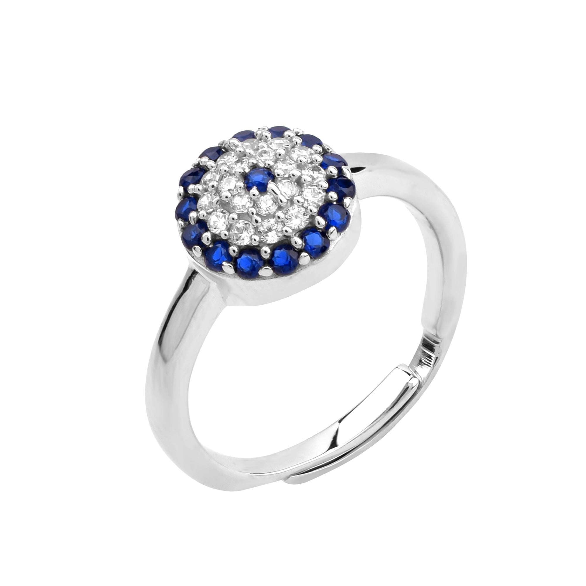 Silver Blue Sapphire Accent Adjustable Evil Eye Micro Pave Circular White Gold Ring For Woman