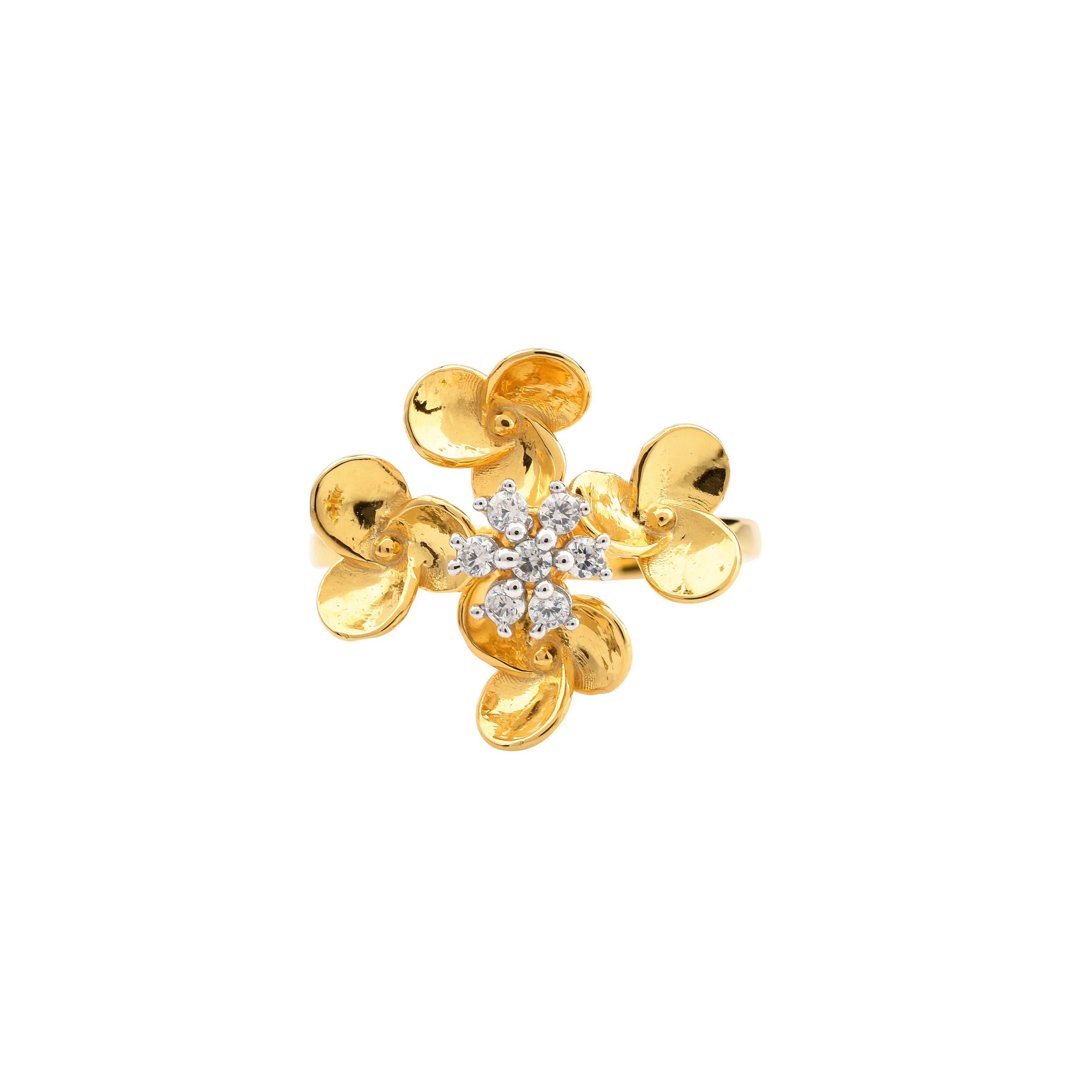 Silver Yellow Gold Adjustable Floral Triple Petal Elegant Diamond Accent Ring for Women