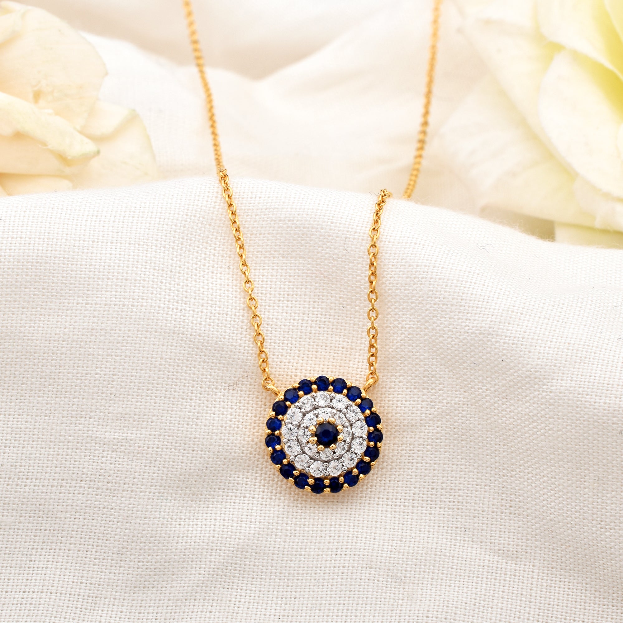 Circular Evil Eye Yellow Gold Silver Blue Sapphire Halo Pendant For Women