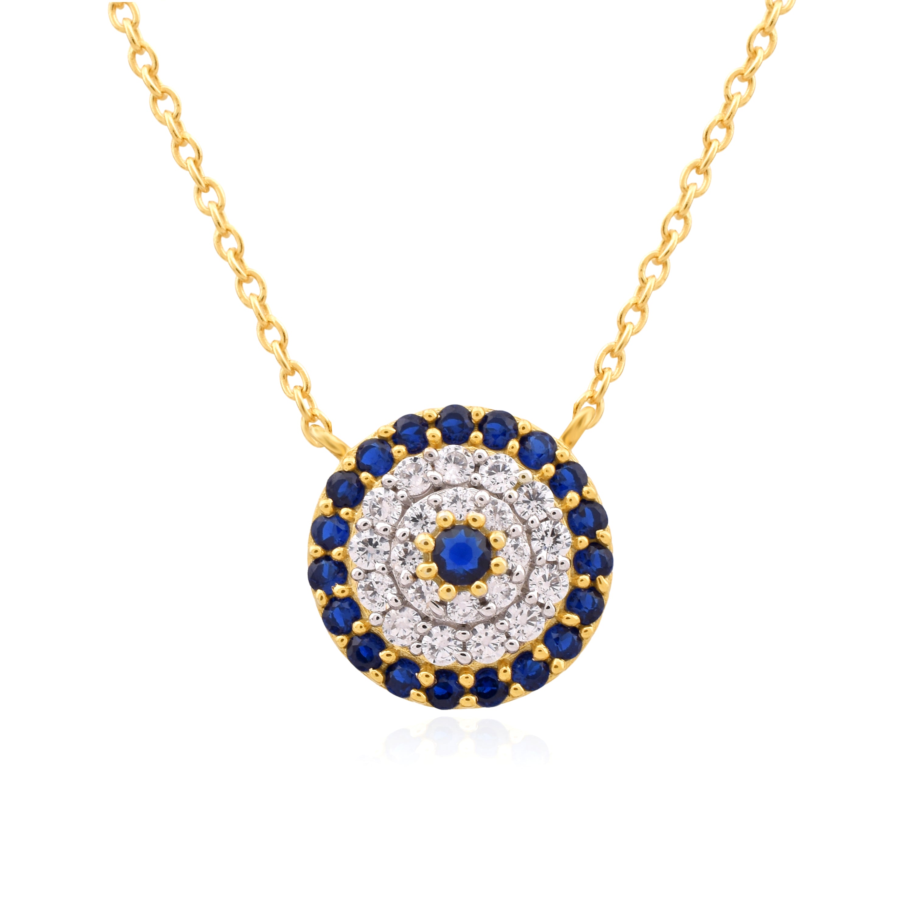 Circular Evil Eye Yellow Gold Silver Blue Sapphire Halo Pendant For Women