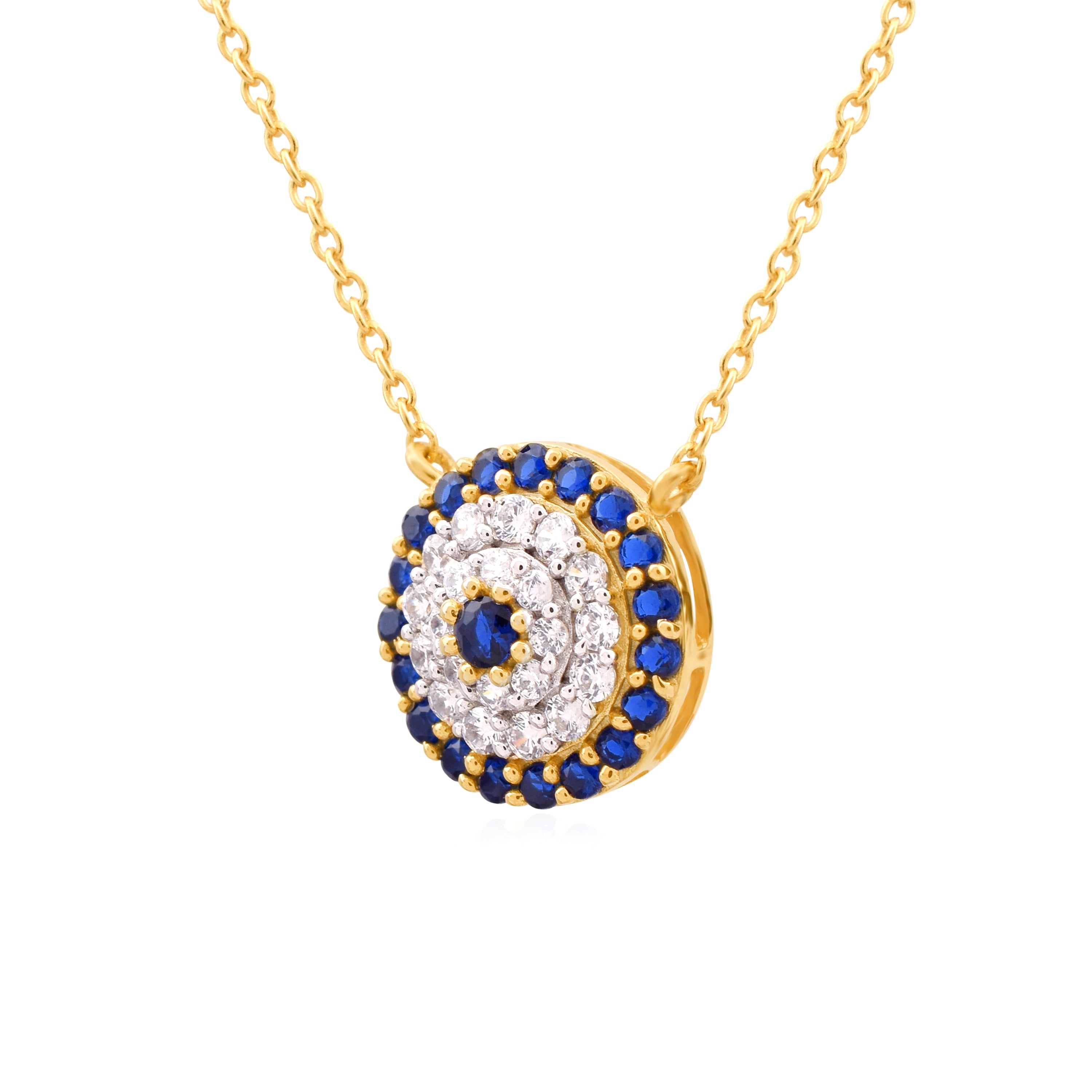 Circular Evil Eye Yellow Gold Silver Blue Sapphire Halo Pendant For Women