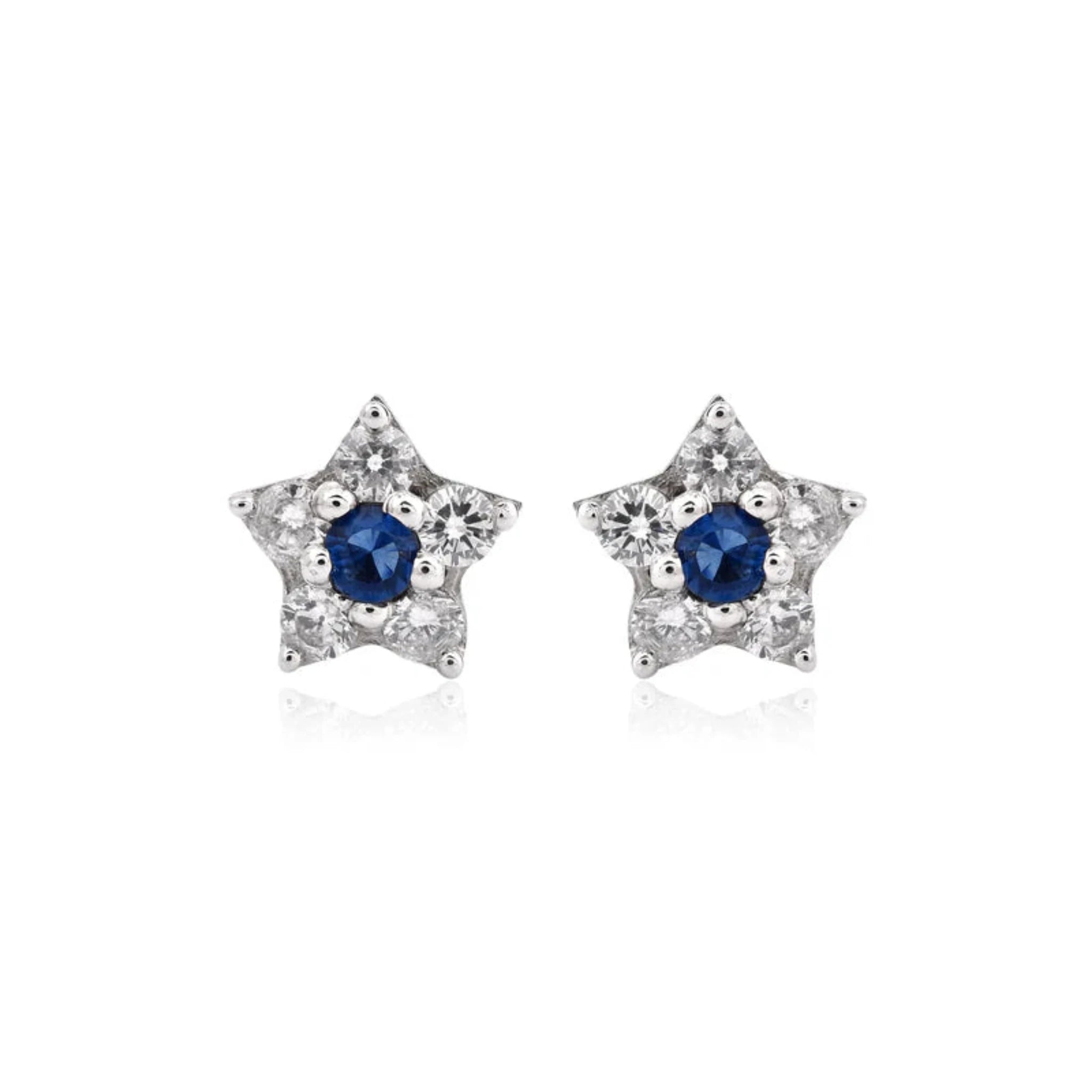 Silver Petite Star Blue Sapphire Stud White Gold Earring For Woman