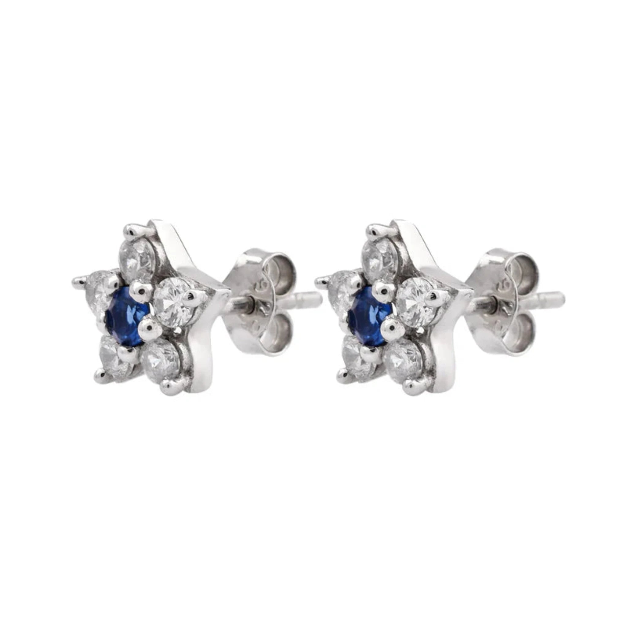 Silver Petite Star Blue Sapphire Stud White Gold Earring For Woman