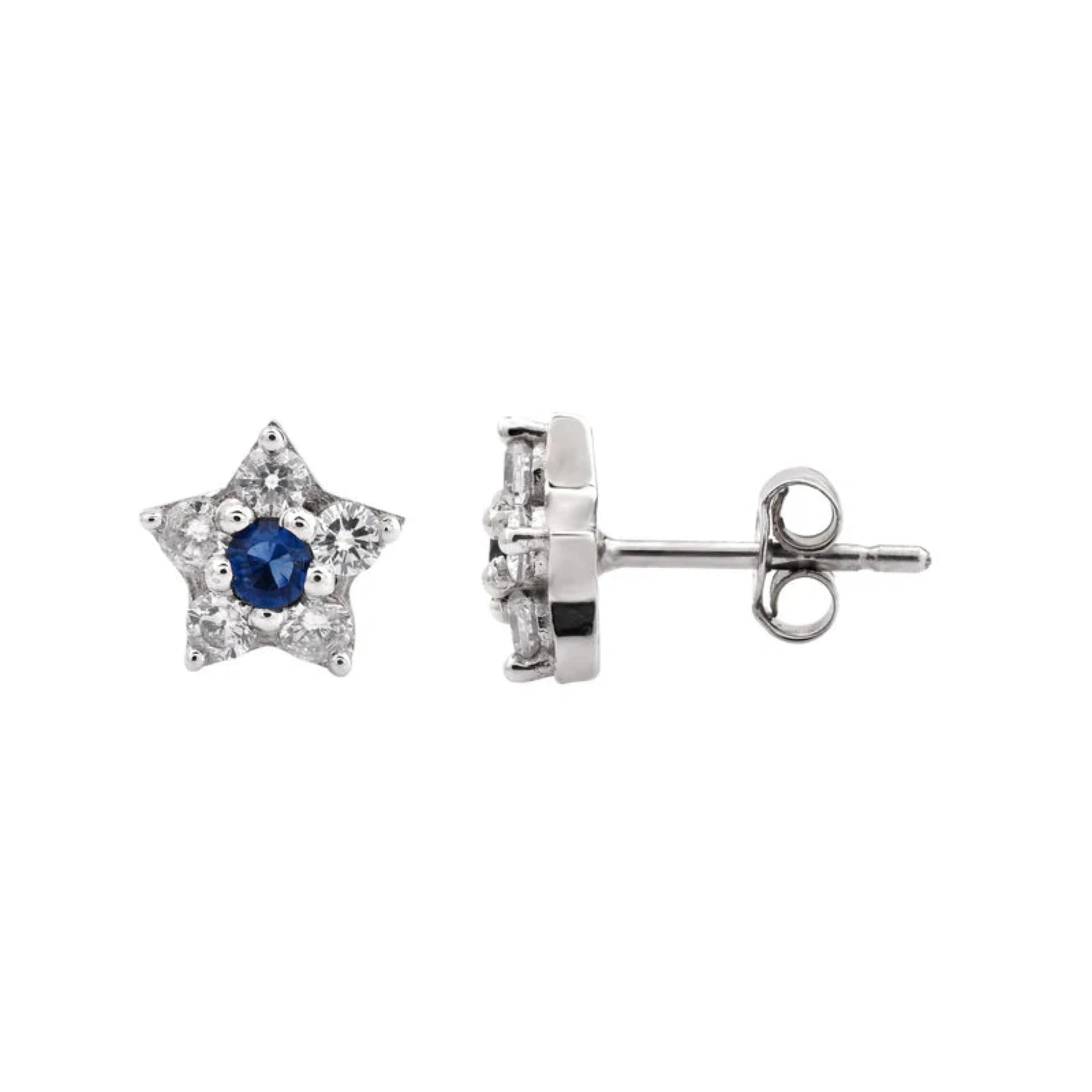 Silver Petite Star Blue Sapphire Stud White Gold Earring For Woman