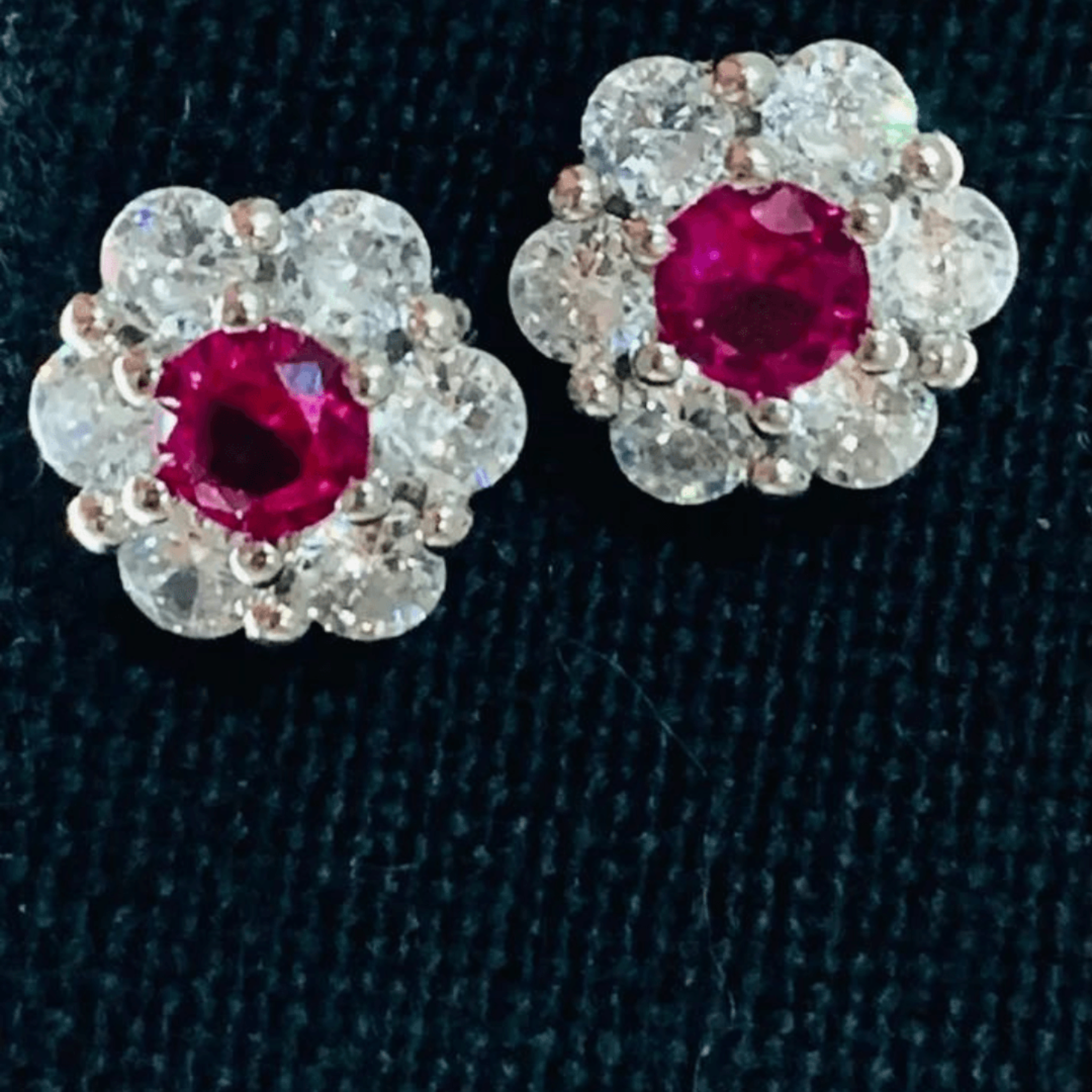 Silver White Gold Radiant Floral Centerpiece Ruby Earring For Women